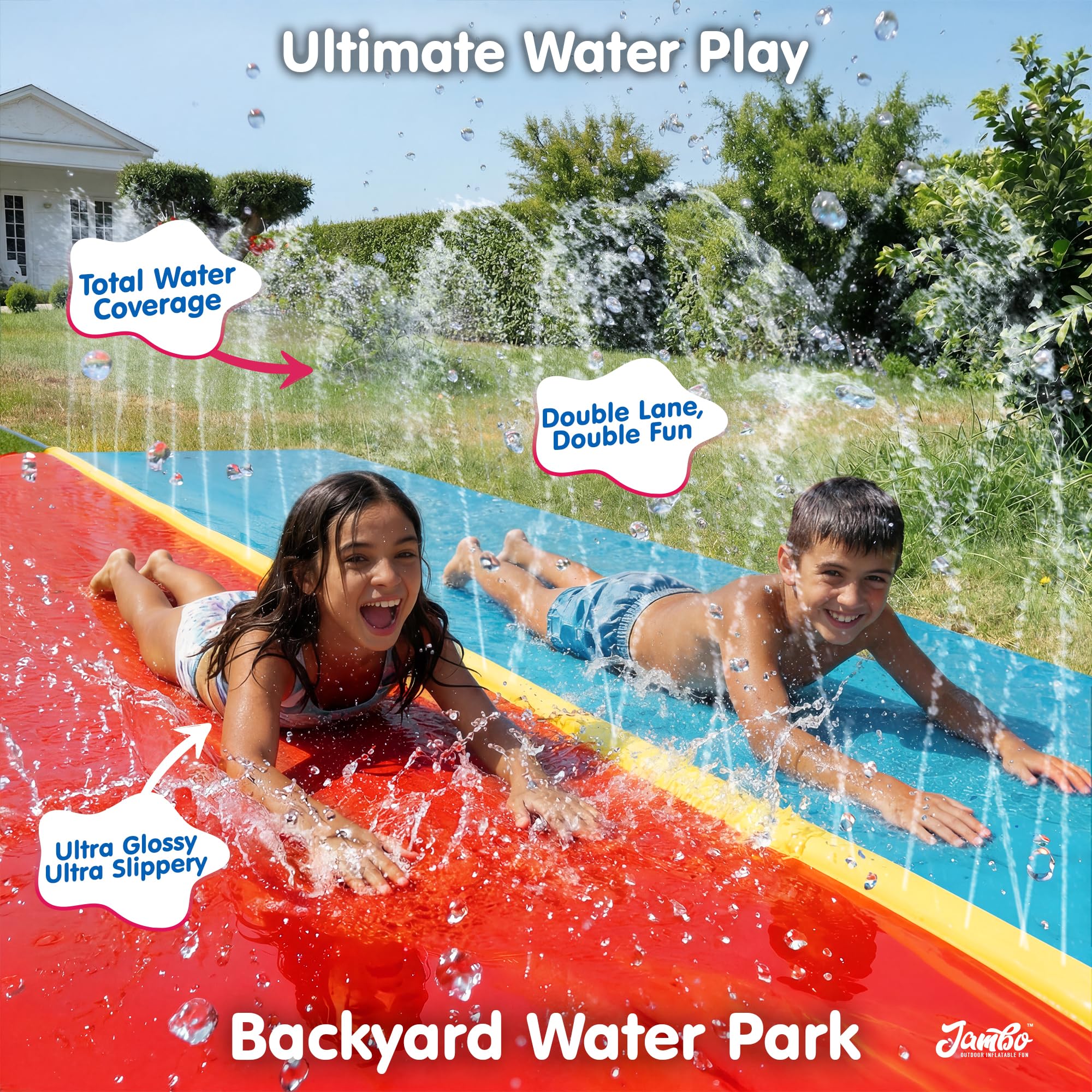 JAMBO Premium Triple Water Slide with 3 Bodyboards, 20Ft Heavy Duty Slip Splash and Slides-Advanced 3-Way Sprinkler System, Splash Pad Mat Backyard Summer Outdoor Water Toys n Long Slides for Kids