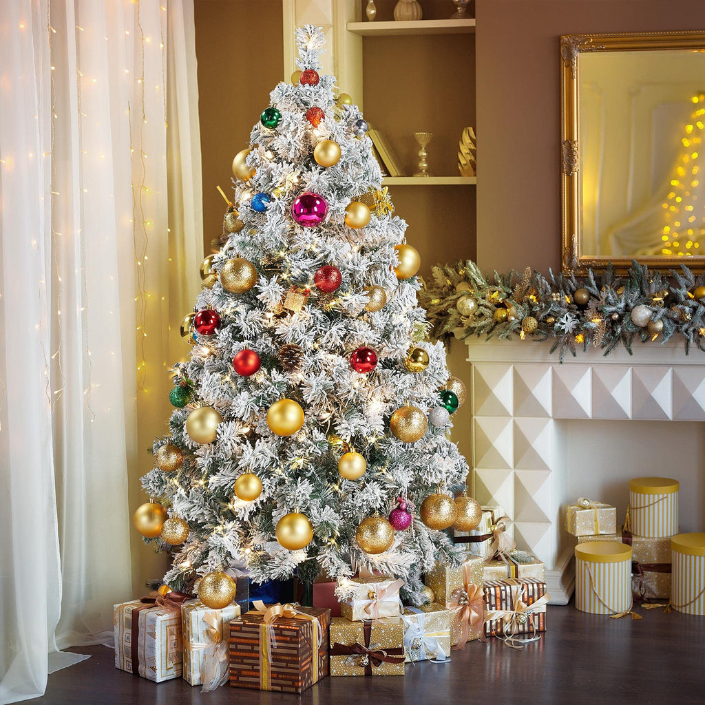 Yaheetech 6ft Snow Flocked Pre-lit Christmas Tree with 250 Warm White Lights, 820 Lush Branch Tips & Quick-Assembly Hinged Design, Full Artificial Xmas Tree for Winter Holiday Décor, Green & White