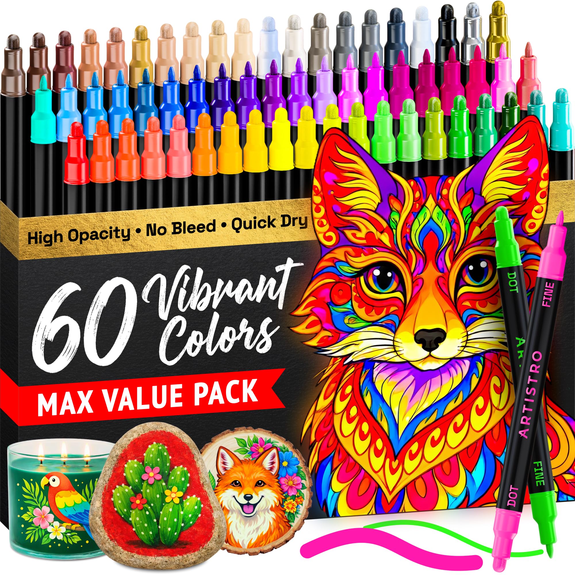 ARTISTRO 36 Dual Tip Pens, Dot & Fine Tips Paint Markers – Paint Pens Set for Fabric, Rock, Glass, Wood, Coloring Books – Arts & Crafts Gift – Classroom Must Haves & School Supplies
