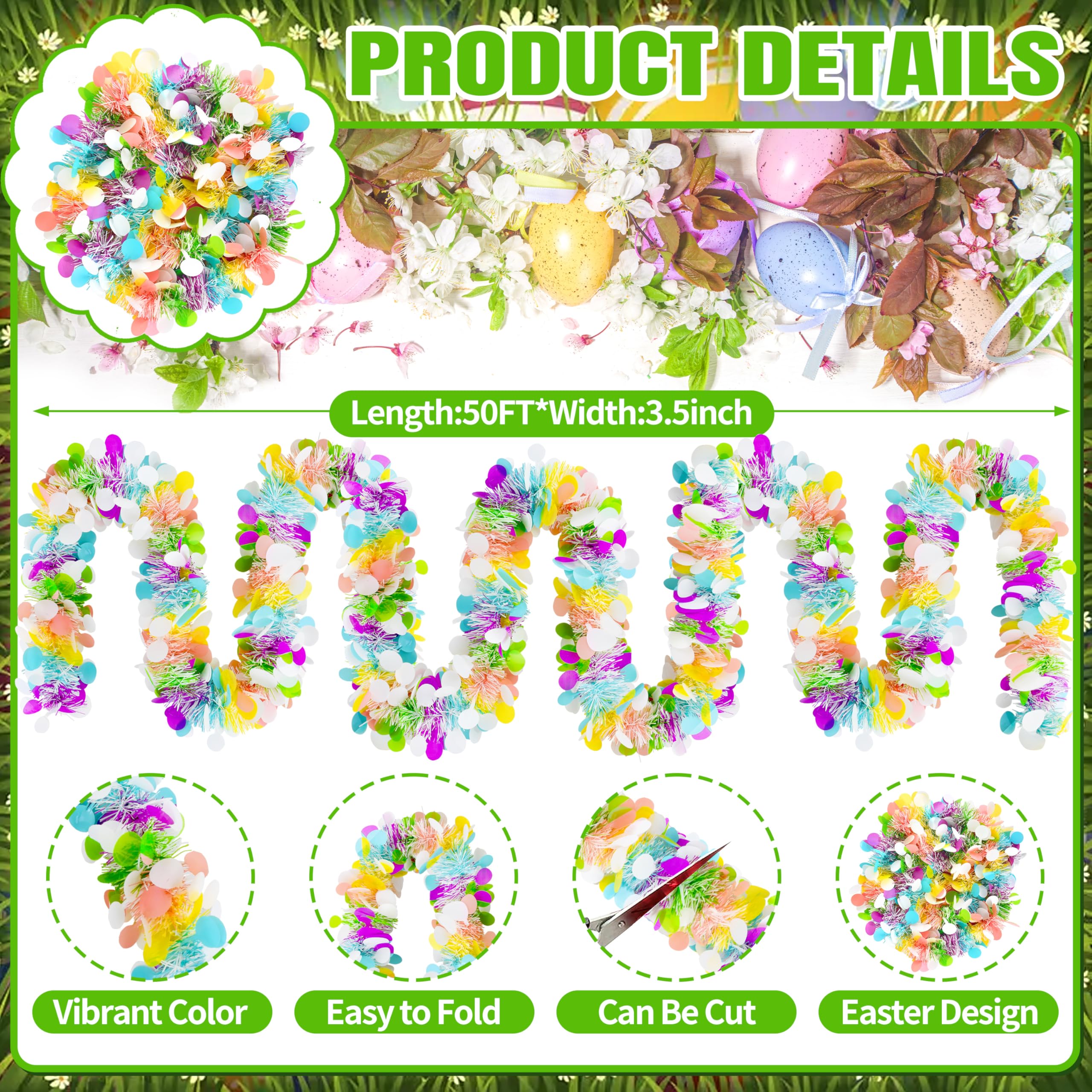 50FT St. Patrick's Day Tinsel Garland Shamrock Hat Green Gold Metallic Tinsel Twist Garland for Irish Saint Patricks Day Party Home Decor Indoor Outdoor Decoration