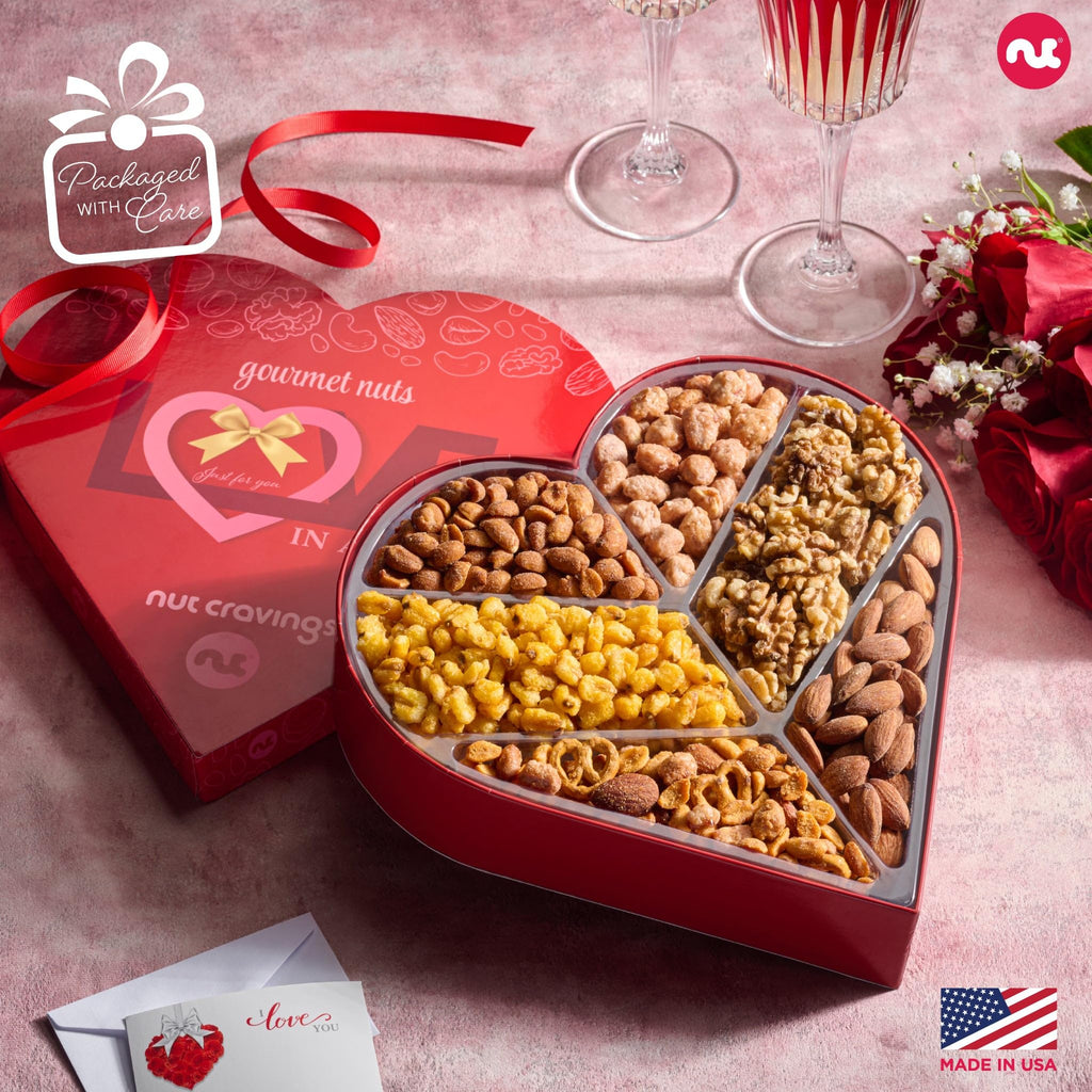 NUT CRAVINGS - Fathers Day Treats, Gift For Dad, Mixed Nuts Heart Shaped Gift Basket, Love in A Box (6 Assortments, 2 LB) Romantic Food Arrangement, Healthy Snack Care Package, Food Assortments