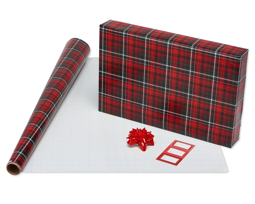 American Greetings Christmas Wrapping Paper, Red and Black Buffalo Plaid Holiday Gift Wrap Set (120 sq.ft., 4 rolls-30 in. x 12 ft., 7 Adhesive Bows, 30 Gift Tag Stickers) Rustic, Snowflakes, Reindeer