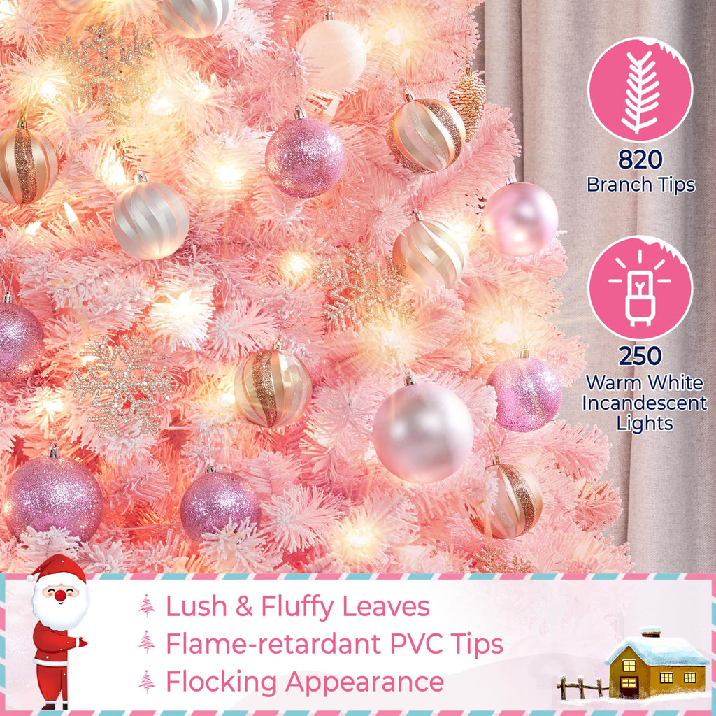 Yaheetech 6ft Snow Flocked Pre-lit Christmas Tree with 250 Warm White Lights, 820 Lush Branch Tips & Quick-Assembly Hinged Design, Full Artificial Xmas Tree for Winter Holiday Décor, Green & White
