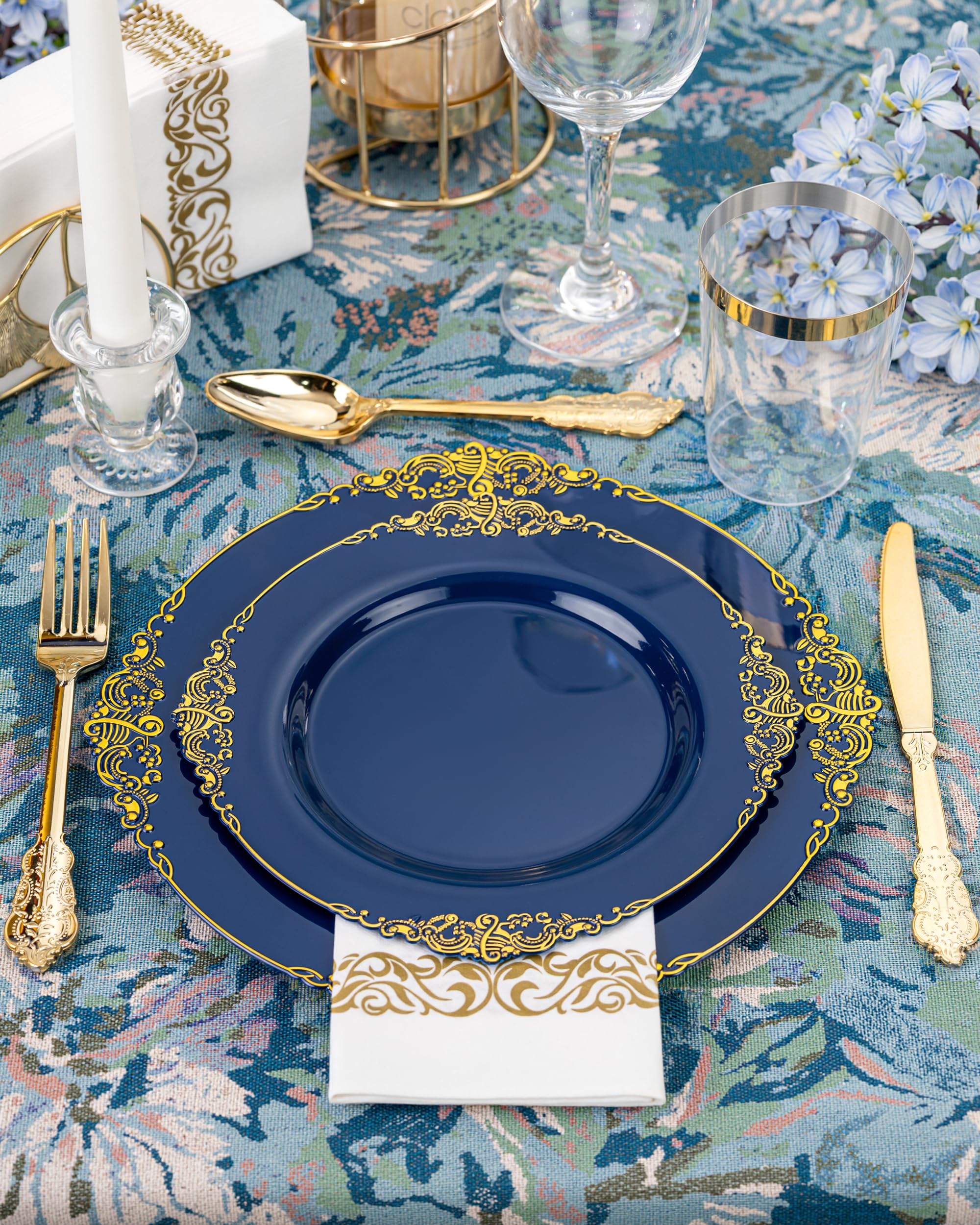 Nervure 175PCS Clear Blue Plastic Plates - Plastic Dinnerware Set Include 25Dinner Plates, 25Dessert Plates, 25Cups, 25Forks, 25Knives, 25Spoons, 25Napkins Perfect for Wedding & Party