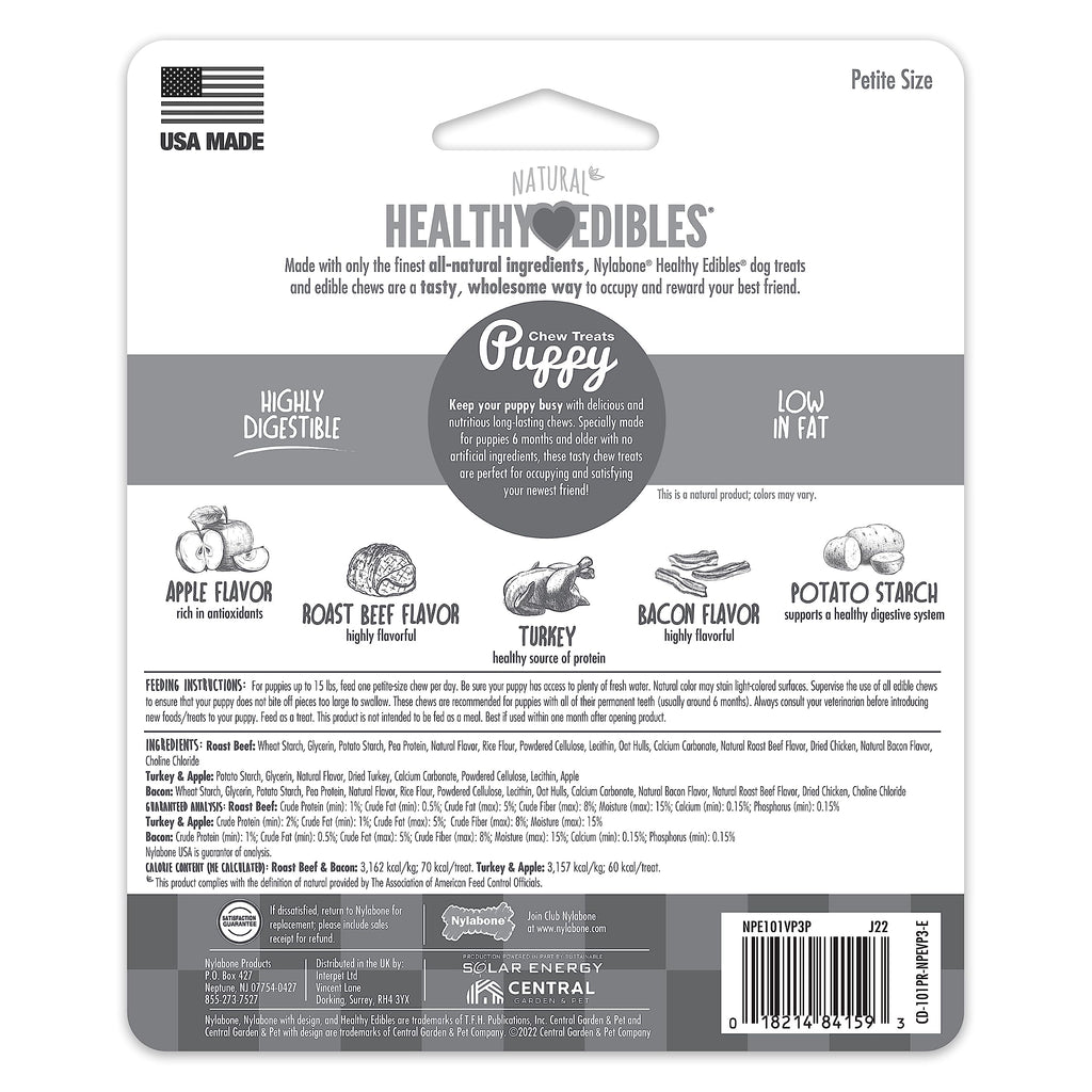 Nylabone Healthy Edibles Natural Puppy Chews Long Lasting Treats for Puppies, Roast Beef/Apple/Bacon Dog Treats, X-Small/Petite (3 Count)