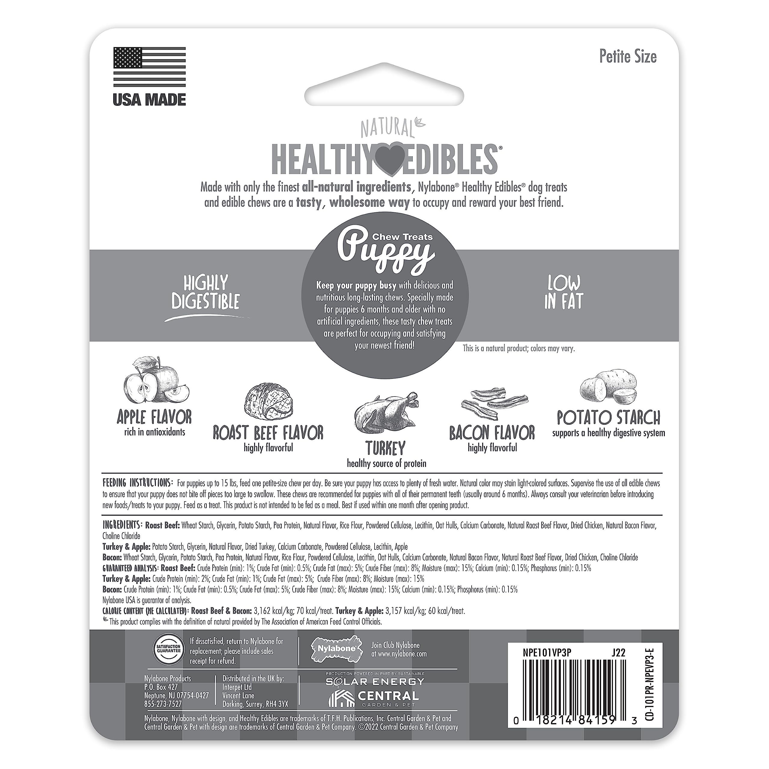 Nylabone Healthy Edibles Natural Puppy Chews Long Lasting Treats for Puppies, Roast Beef/Apple/Bacon Dog Treats, X-Small/Petite (3 Count)