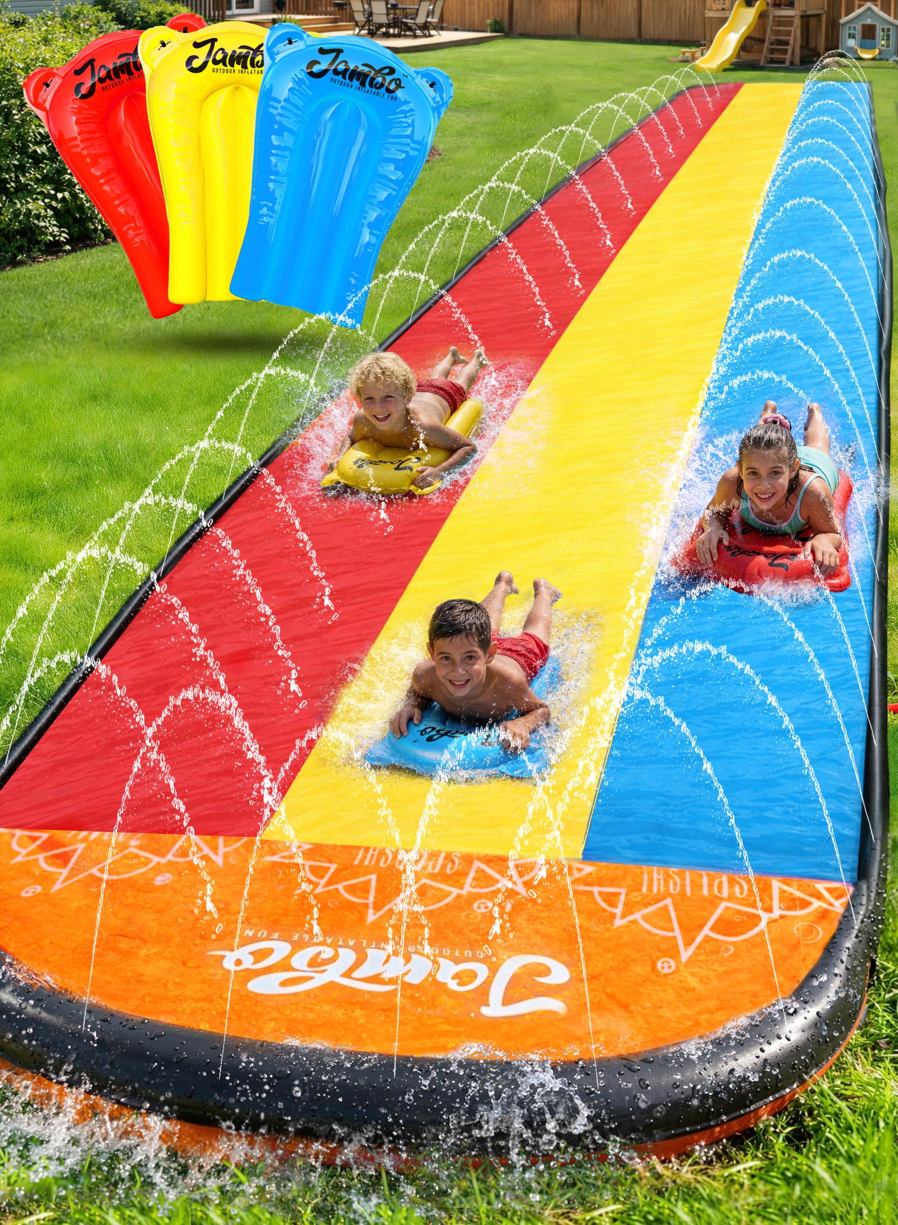 JAMBO Premium Triple Water Slide with 3 Bodyboards, 20Ft Heavy Duty Slip Splash and Slides-Advanced 3-Way Sprinkler System, Splash Pad Mat Backyard Summer Outdoor Water Toys n Long Slides for Kids