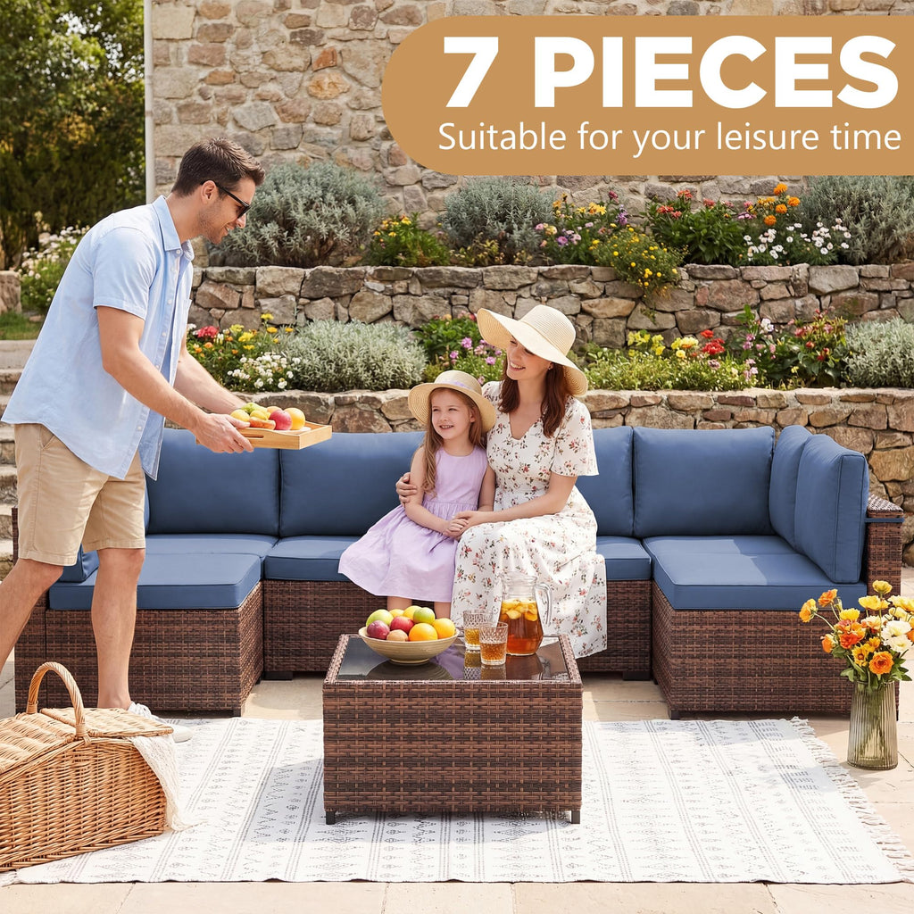 LHBcraft 7 Piece Patio Outdoor Furniture Set, Outdoor Sectional, All-Weather Manual Weaving PE Rattan Wicker Patio Sectional Sofa, Rattan Outside Furniture with Black Cushion and Glass Coffee Table