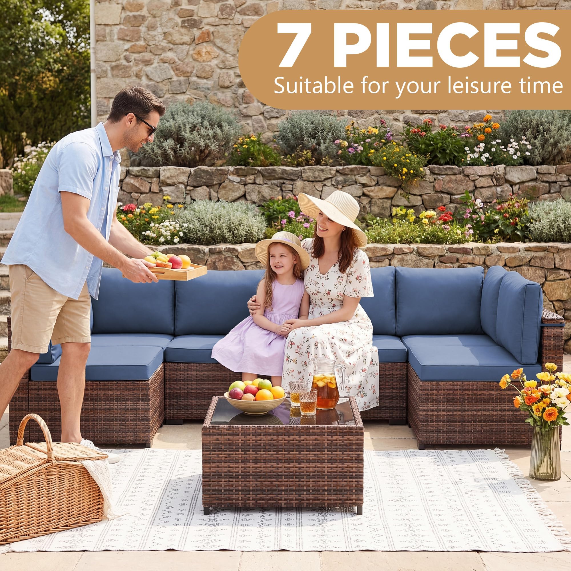 LHBcraft 7 Piece Patio Outdoor Furniture Set, Outdoor Sectional, All-Weather Manual Weaving PE Rattan Wicker Patio Sectional Sofa, Rattan Outside Furniture with Black Cushion and Glass Coffee Table