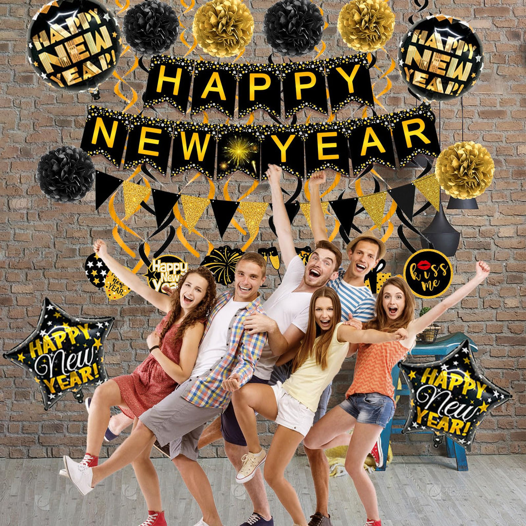 Famoby Happy New Year Paper Banner Triangle Flag Bunting Pom poms Swirls Streamers & Balloons for New year Party Decoration