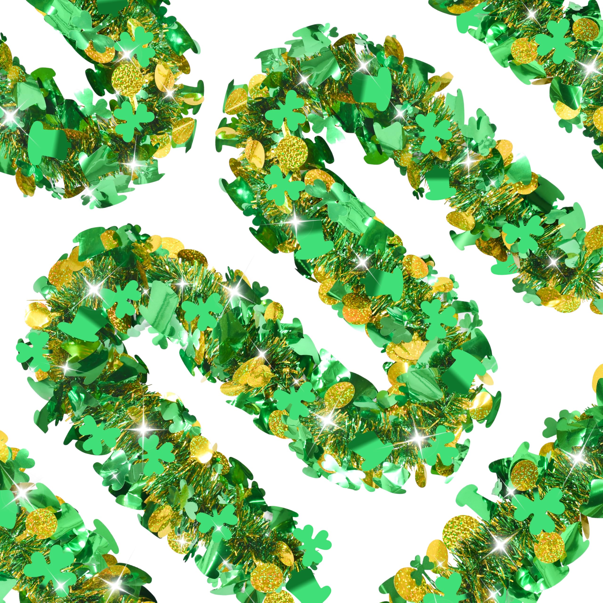 50FT St. Patrick's Day Tinsel Garland Shamrock Hat Green Gold Metallic Tinsel Twist Garland for Irish Saint Patricks Day Party Home Decor Indoor Outdoor Decoration