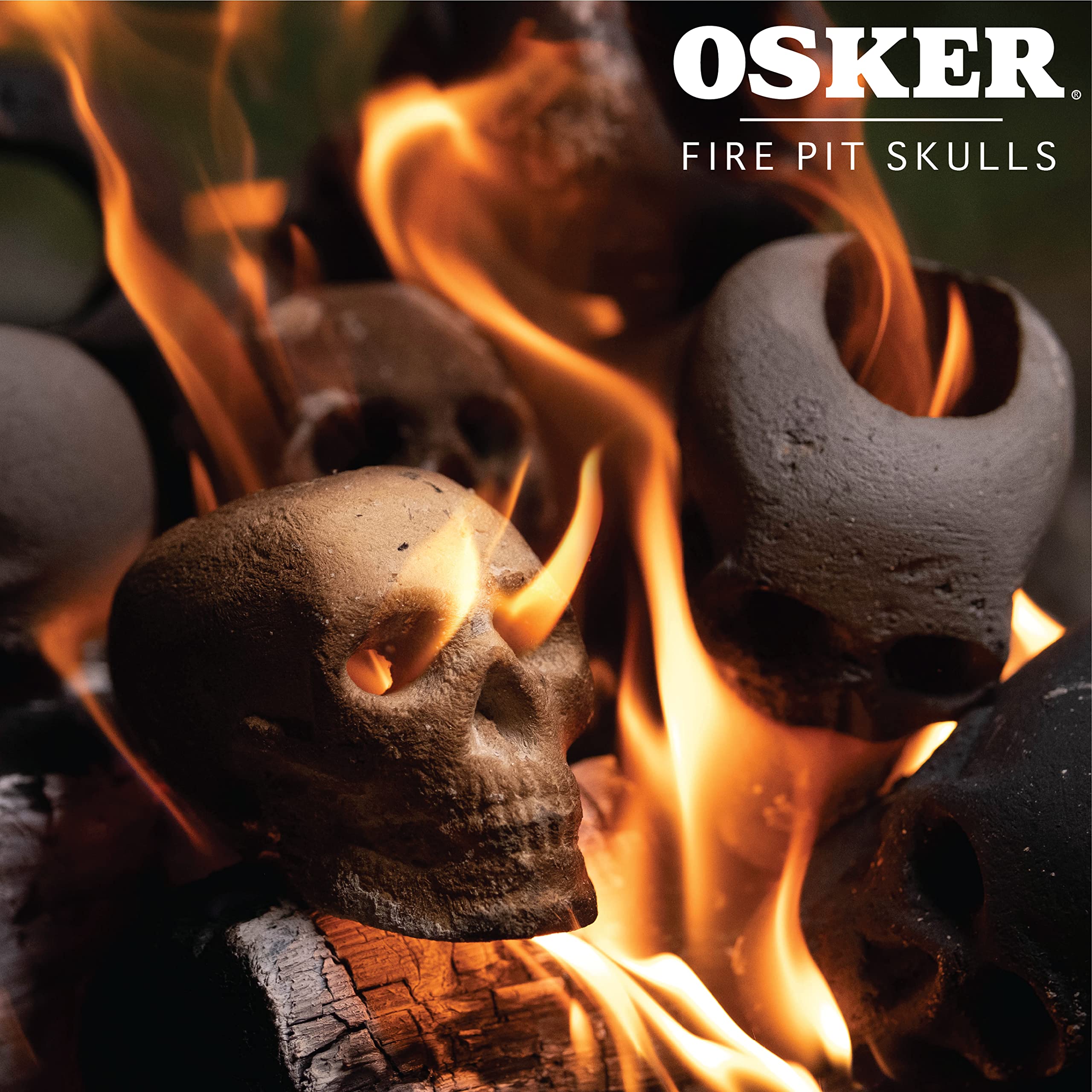 OSKER Fire Pit Skull with Fire Color Changing Packets | Ceramic Fireproof Log for Bonfire, Campfire, Fireplace, Firepit | Halloween Decor | Gas, Propane, or Wood Fires | 9 Inch - Light Beige