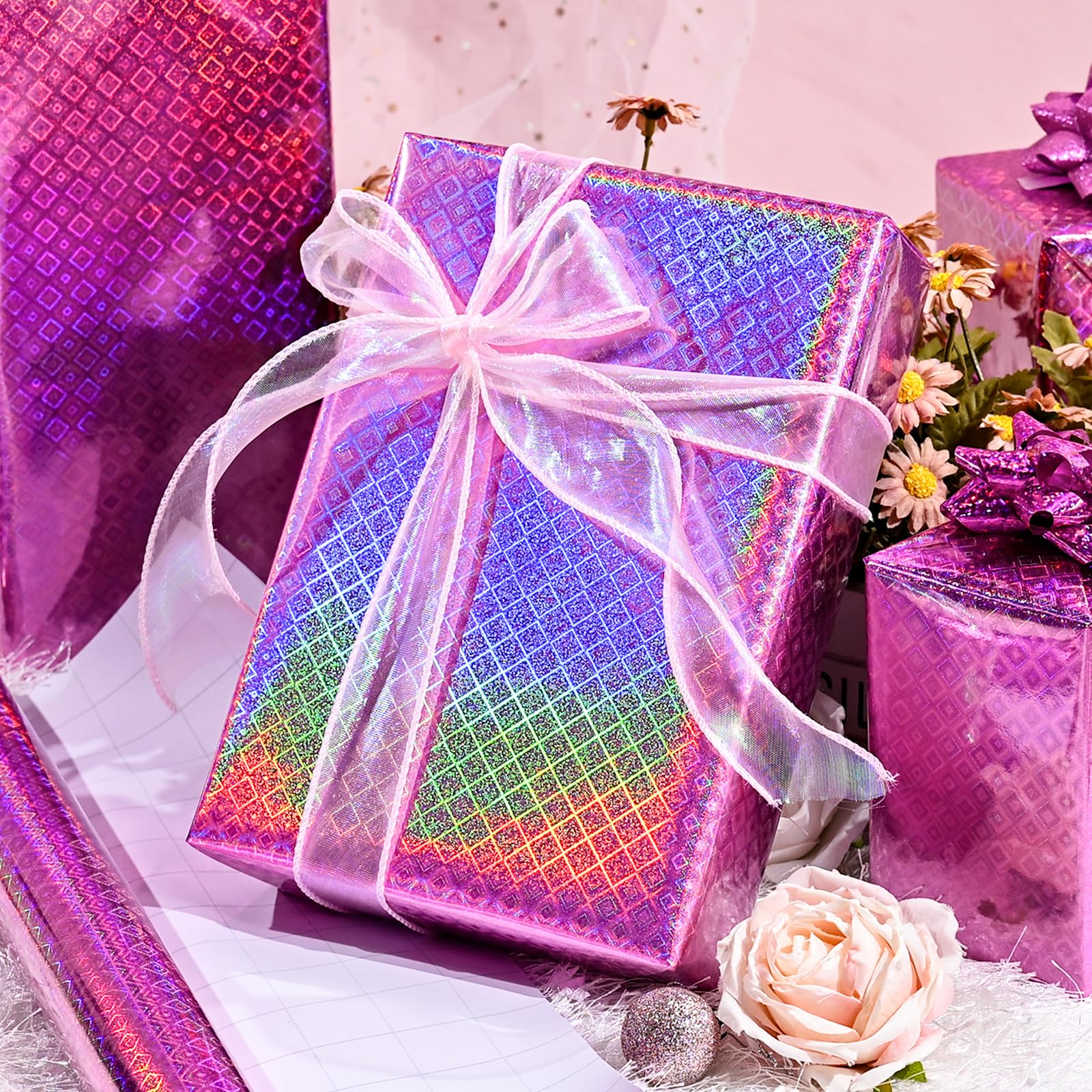 Burymento Black Wrapping Paper Roll, Metallic Holographic Stripe Gift Wrap for Birthday, Valentines, Mothers day, Graduation, Wedding, Fathers day, Baby Shower, Christmas (17 IN x 32.8 FT)
