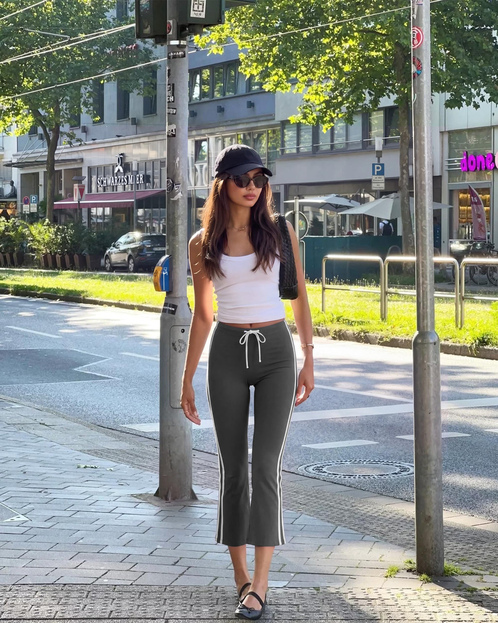 MOOSLOVER Women Flare Capri Yoga Pants High Waisted Side Stripe Drawstring Bootcut Flared Cropped Leggings