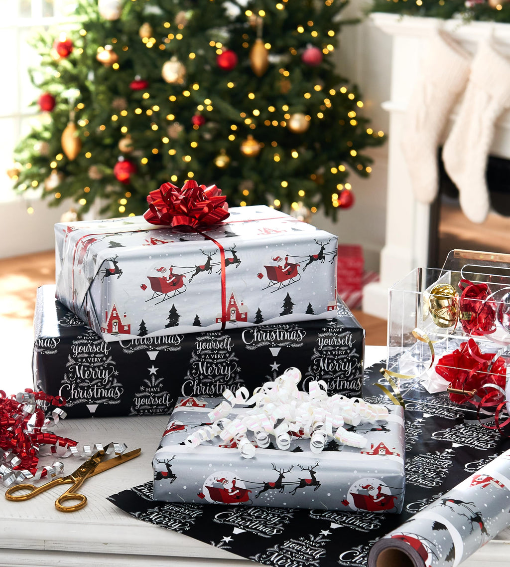 American Greetings Christmas Wrapping Paper, Red and Black Buffalo Plaid Holiday Gift Wrap Set (120 sq.ft., 4 rolls-30 in. x 12 ft., 7 Adhesive Bows, 30 Gift Tag Stickers) Rustic, Snowflakes, Reindeer