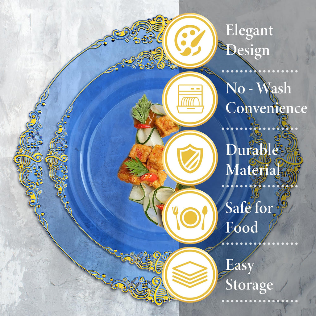 Nervure 175PCS Clear Blue Plastic Plates - Plastic Dinnerware Set Include 25Dinner Plates, 25Dessert Plates, 25Cups, 25Forks, 25Knives, 25Spoons, 25Napkins Perfect for Wedding & Party