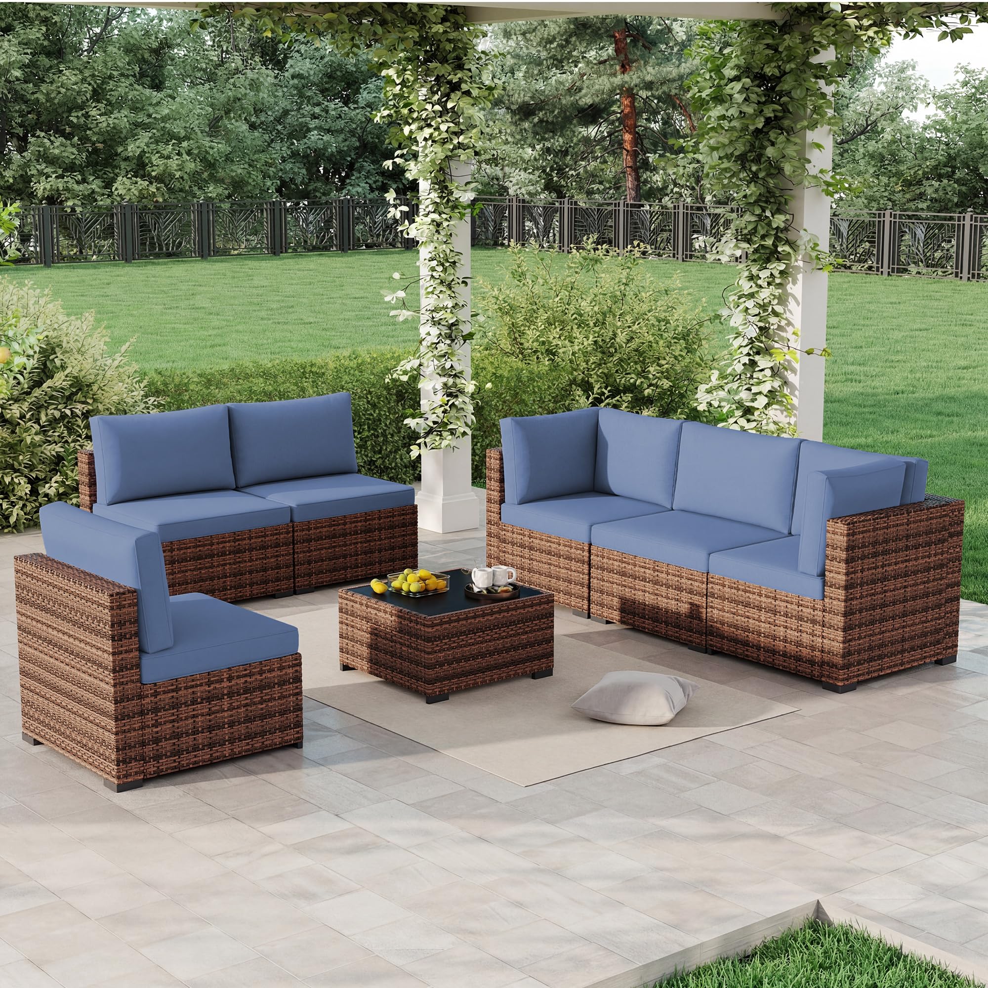 LHBcraft 7 Piece Patio Outdoor Furniture Set, Outdoor Sectional, All-Weather Manual Weaving PE Rattan Wicker Patio Sectional Sofa, Rattan Outside Furniture with Black Cushion and Glass Coffee Table