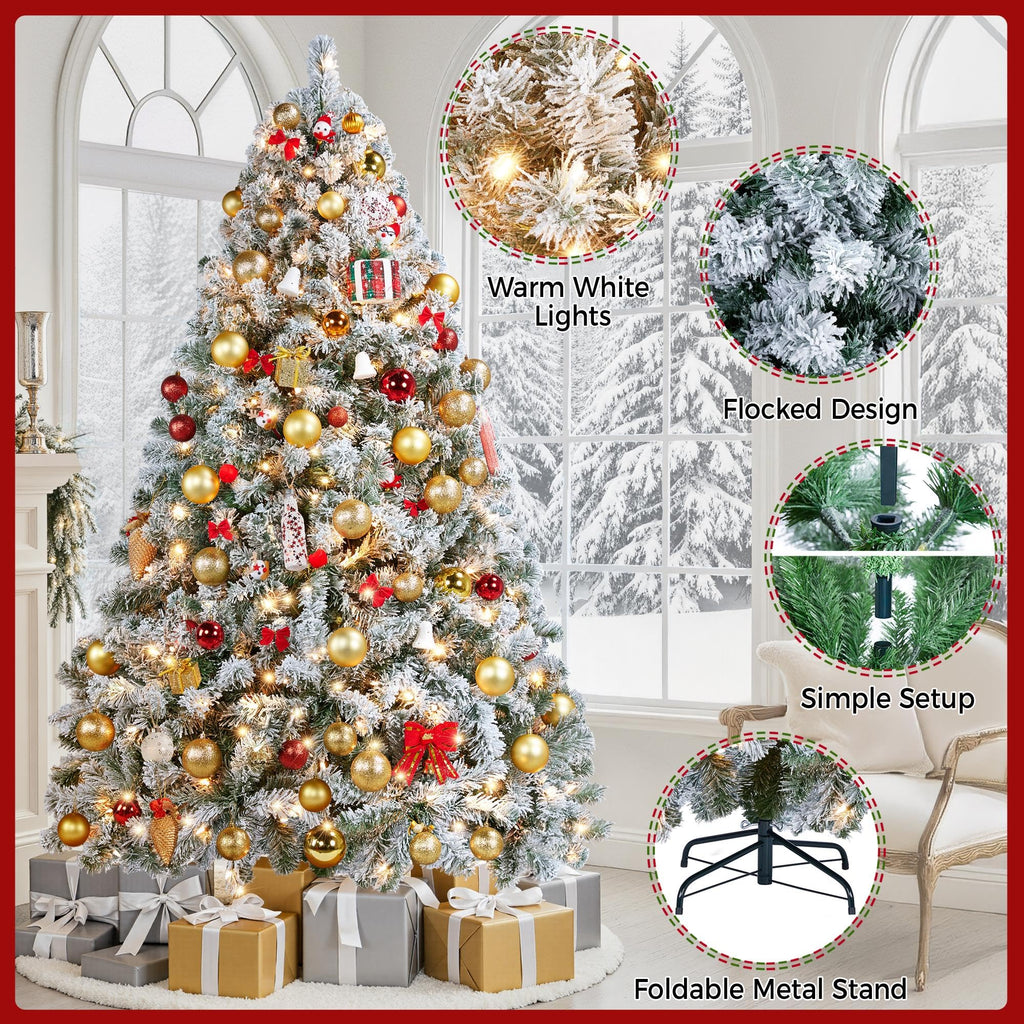 Yaheetech 6ft Snow Flocked Pre-lit Christmas Tree with 250 Warm White Lights, 820 Lush Branch Tips & Quick-Assembly Hinged Design, Full Artificial Xmas Tree for Winter Holiday Décor, Green & White
