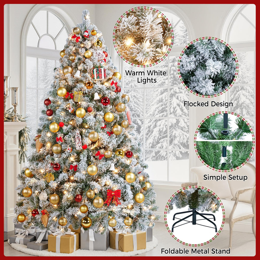 Yaheetech 6ft Snow Flocked Pre-lit Christmas Tree with 250 Warm White Lights, 820 Lush Branch Tips & Quick-Assembly Hinged Design, Full Artificial Xmas Tree for Winter Holiday Décor, Green & White