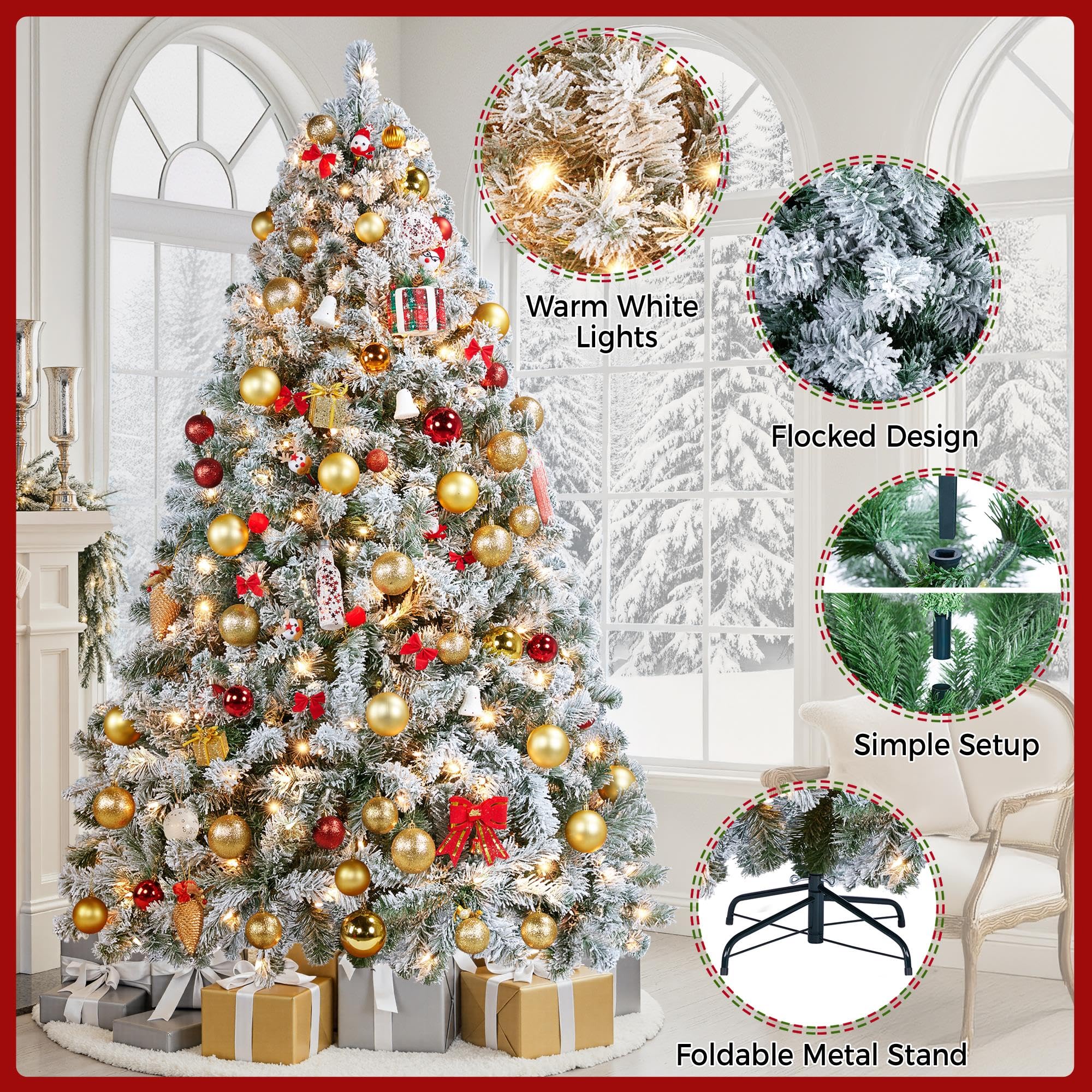Yaheetech 6ft Snow Flocked Pre-lit Christmas Tree with 250 Warm White Lights, 820 Lush Branch Tips & Quick-Assembly Hinged Design, Full Artificial Xmas Tree for Winter Holiday Décor, Green & White