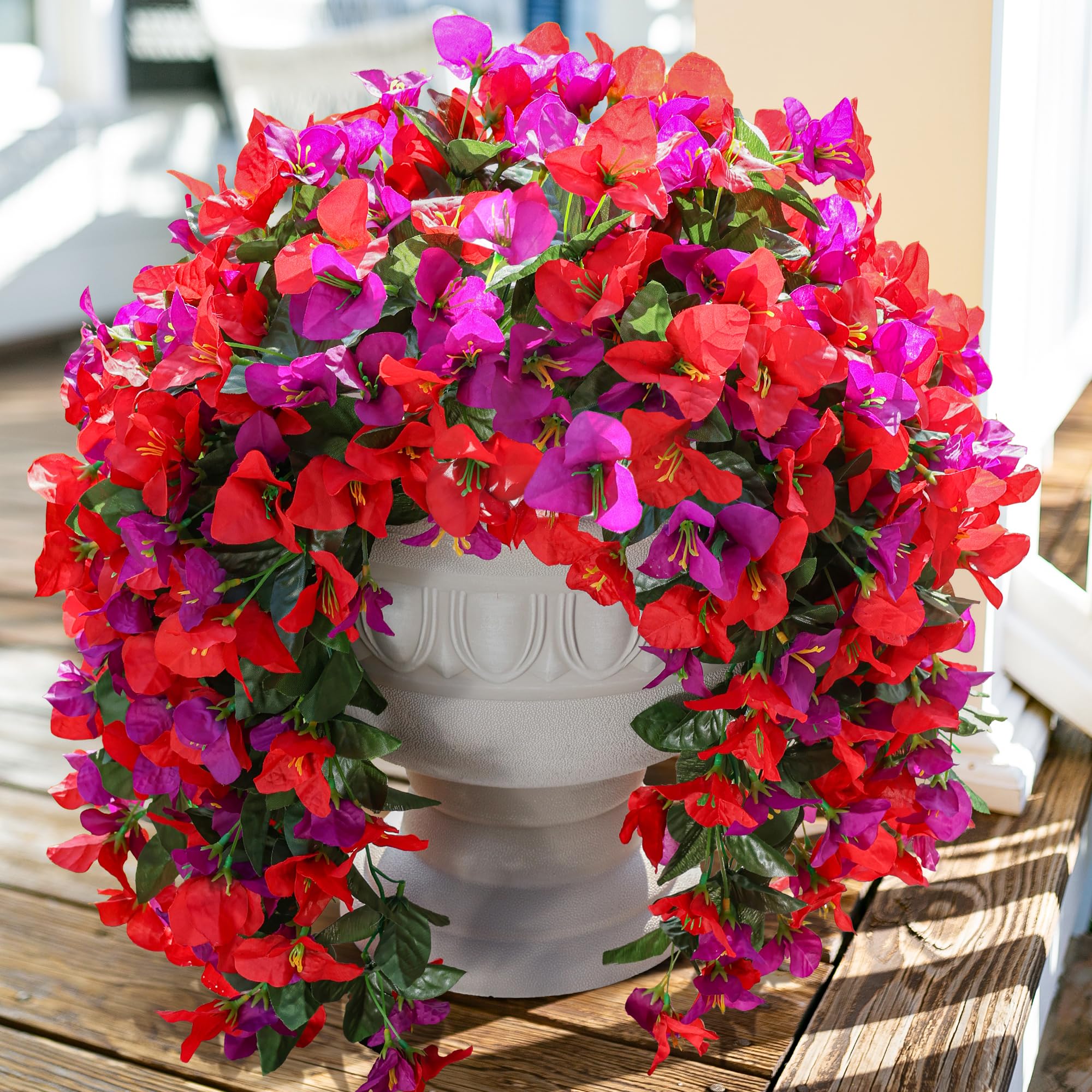 Artificial Bougainvillea Faux Flowers Plants for Outdoors Outside Fall Autumn Decor, 2 PCS Silk Trailing Vines UV Resistant Realistic Orange Fake Flowers for Planter Front Door Porch Patio Balcony