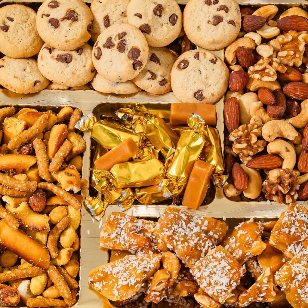 Caramels and Nut Sweet and Savory Gift Basket for Christmas Gifts, Dad, Men, Women, Holiday Parties | Gourmet Holiday Snack Tin Box | Churro Cinnamon and Sugar Pretzels | Sea Salt Caramels and Brittle| Prime Delivery Gift | Bonnie & Pop