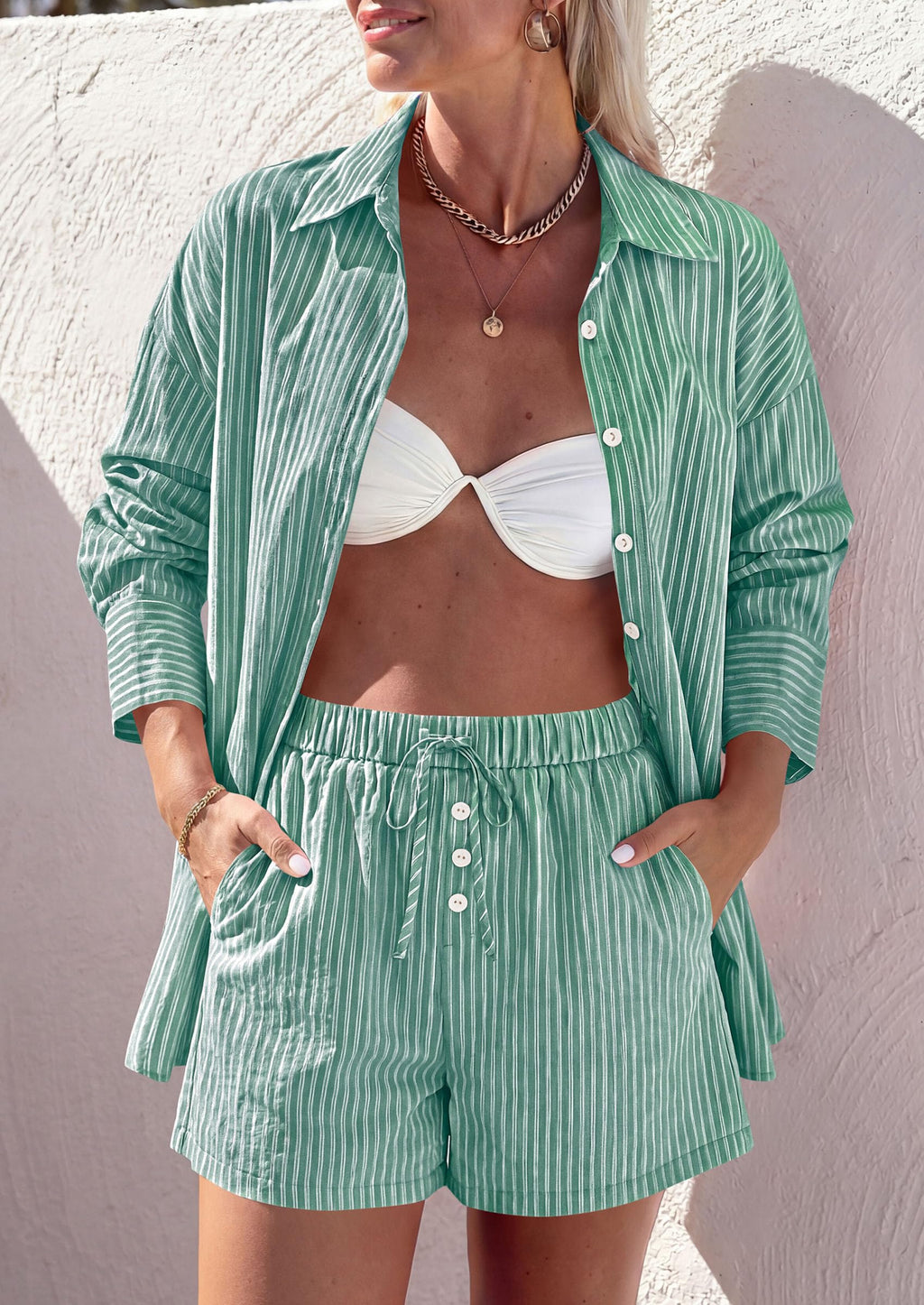 PRETTYGARDEN Women's Summer 2 Piece Matching Lounge Sets Pajamas Long Sleeve Shirts Blouse Pockets Shorts 2026 Spring Outfits