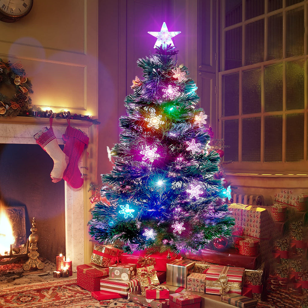 Prsildan 4 FT Artificial Christmas Tree, Pre-Lit Optical Fiber Xmas Trees with Multicolor LED Lights, Snowflakes & Top Star, Lighted Christmas Tree Holiday Home Decor