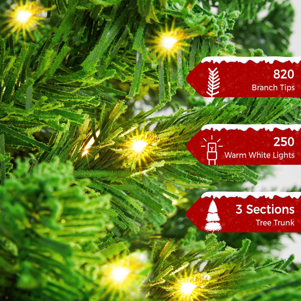 Yaheetech 6ft Snow Flocked Pre-lit Christmas Tree with 250 Warm White Lights, 820 Lush Branch Tips & Quick-Assembly Hinged Design, Full Artificial Xmas Tree for Winter Holiday Décor, Green & White