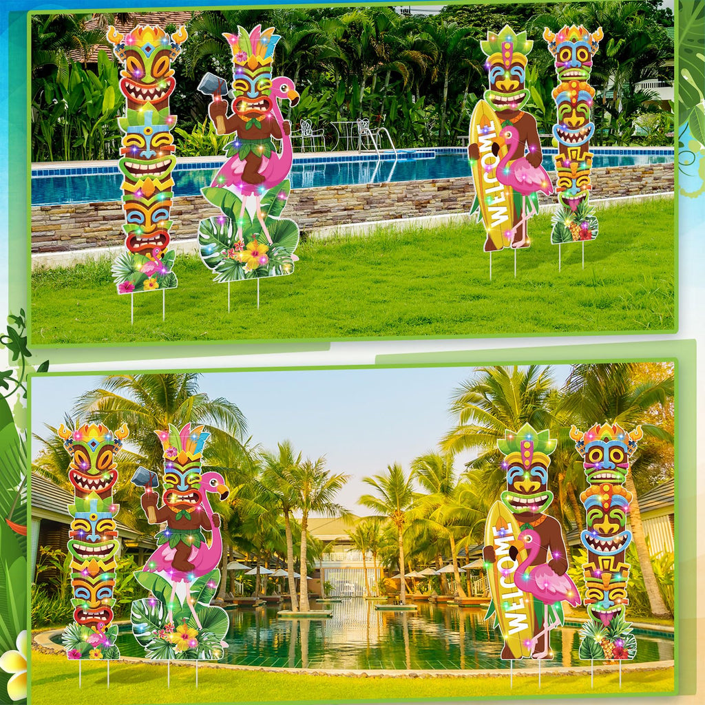 Bencailor 4 Pcs Summer Outdoor Yard Decoration Summer Beach Pool Yard Signs with Stakes LED Hawaiian Themed Party Supplies Beach Ball Surfboard Slipper Decor for Outdoor Lawn Garden Patio