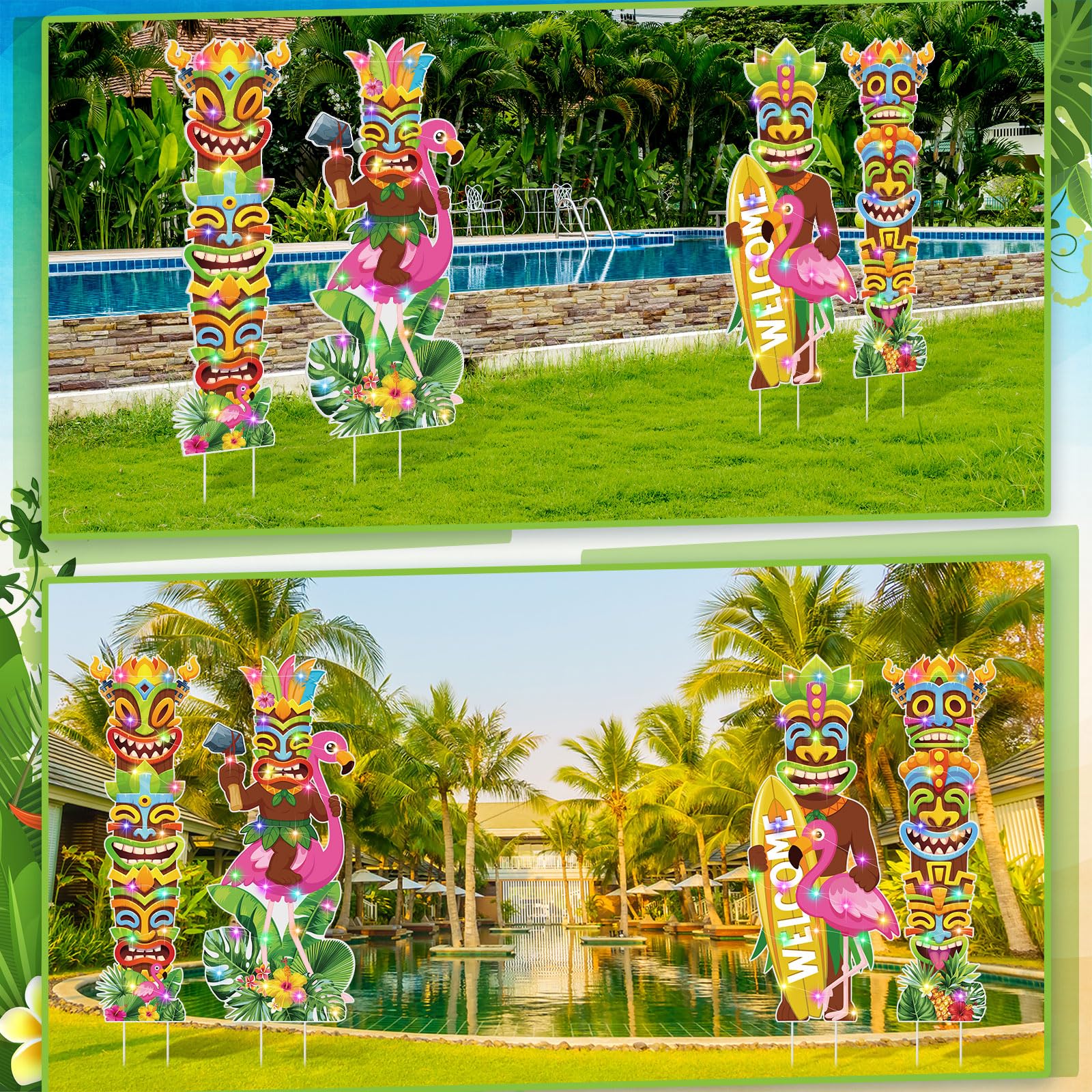 Bencailor 4 Pcs Summer Outdoor Yard Decoration Summer Beach Pool Yard Signs with Stakes LED Hawaiian Themed Party Supplies Beach Ball Surfboard Slipper Decor for Outdoor Lawn Garden Patio