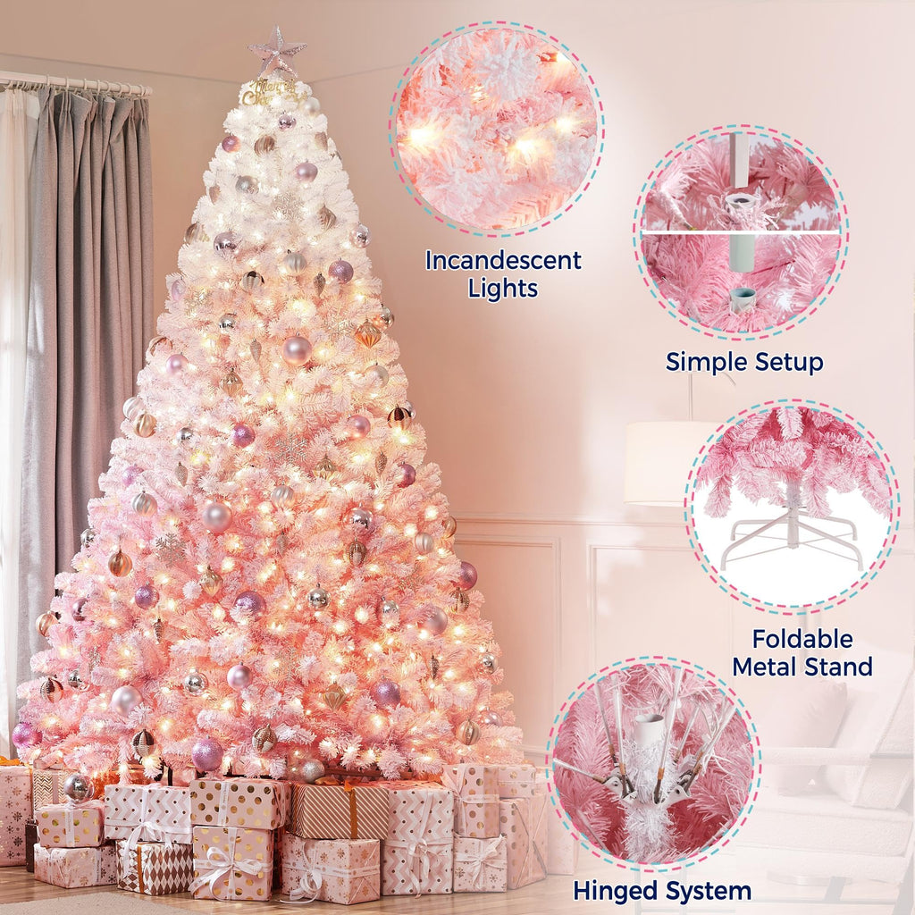 Yaheetech 6ft Snow Flocked Pre-lit Christmas Tree with 250 Warm White Lights, 820 Lush Branch Tips & Quick-Assembly Hinged Design, Full Artificial Xmas Tree for Winter Holiday Décor, Green & White