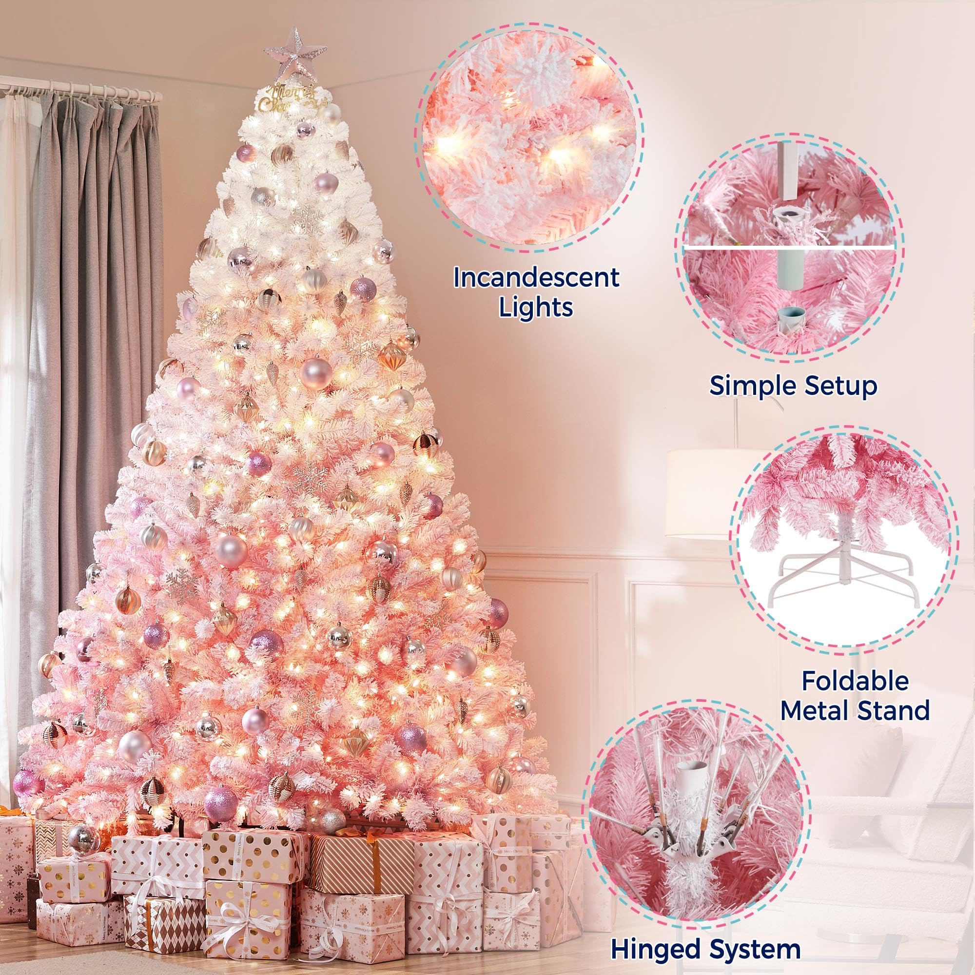 Yaheetech 6ft Snow Flocked Pre-lit Christmas Tree with 250 Warm White Lights, 820 Lush Branch Tips & Quick-Assembly Hinged Design, Full Artificial Xmas Tree for Winter Holiday Décor, Green & White