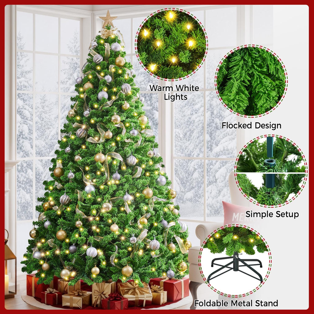 Yaheetech 6ft Snow Flocked Pre-lit Christmas Tree with 250 Warm White Lights, 820 Lush Branch Tips & Quick-Assembly Hinged Design, Full Artificial Xmas Tree for Winter Holiday Décor, Green & White