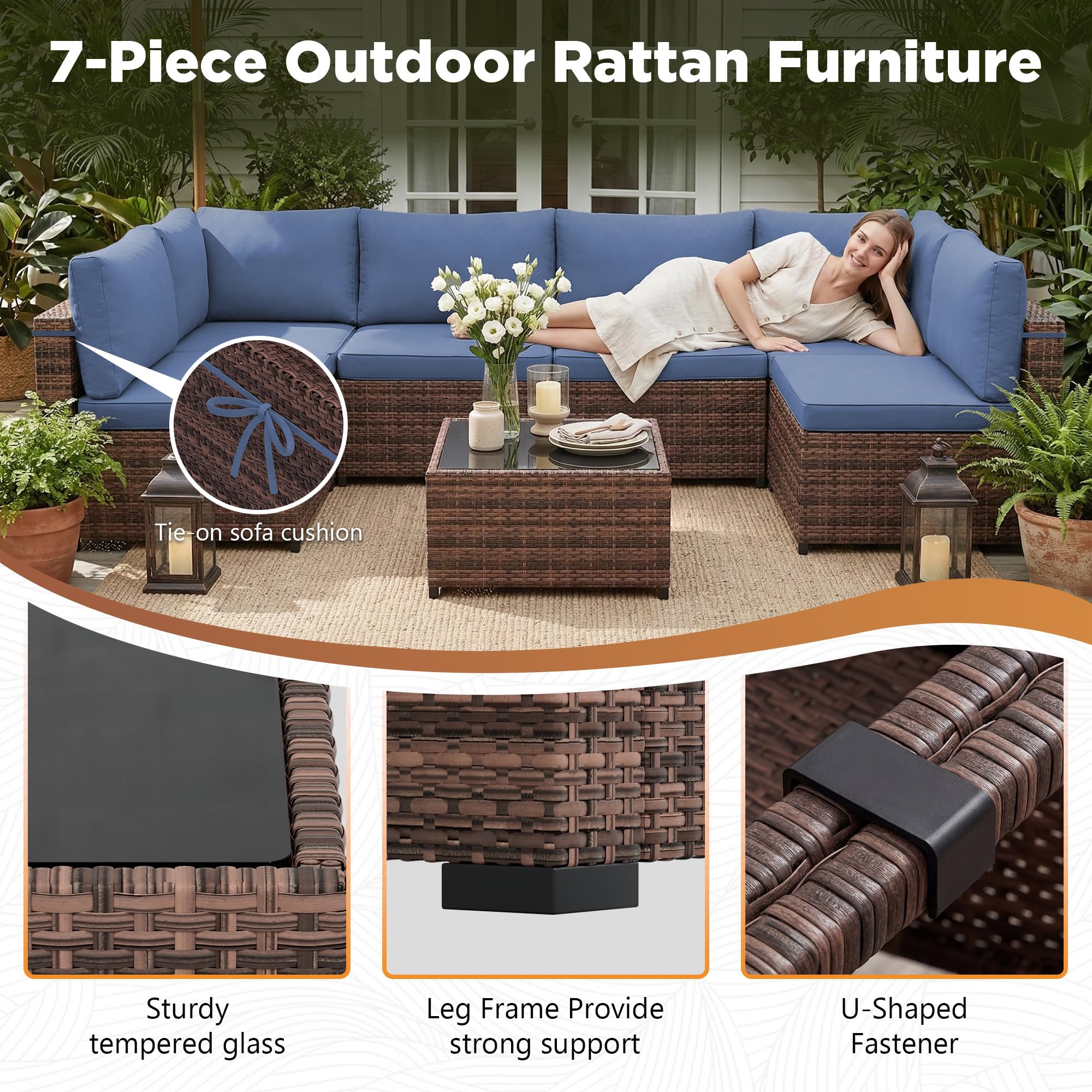 LHBcraft 7 Piece Patio Outdoor Furniture Set, Outdoor Sectional, All-Weather Manual Weaving PE Rattan Wicker Patio Sectional Sofa, Rattan Outside Furniture with Black Cushion and Glass Coffee Table