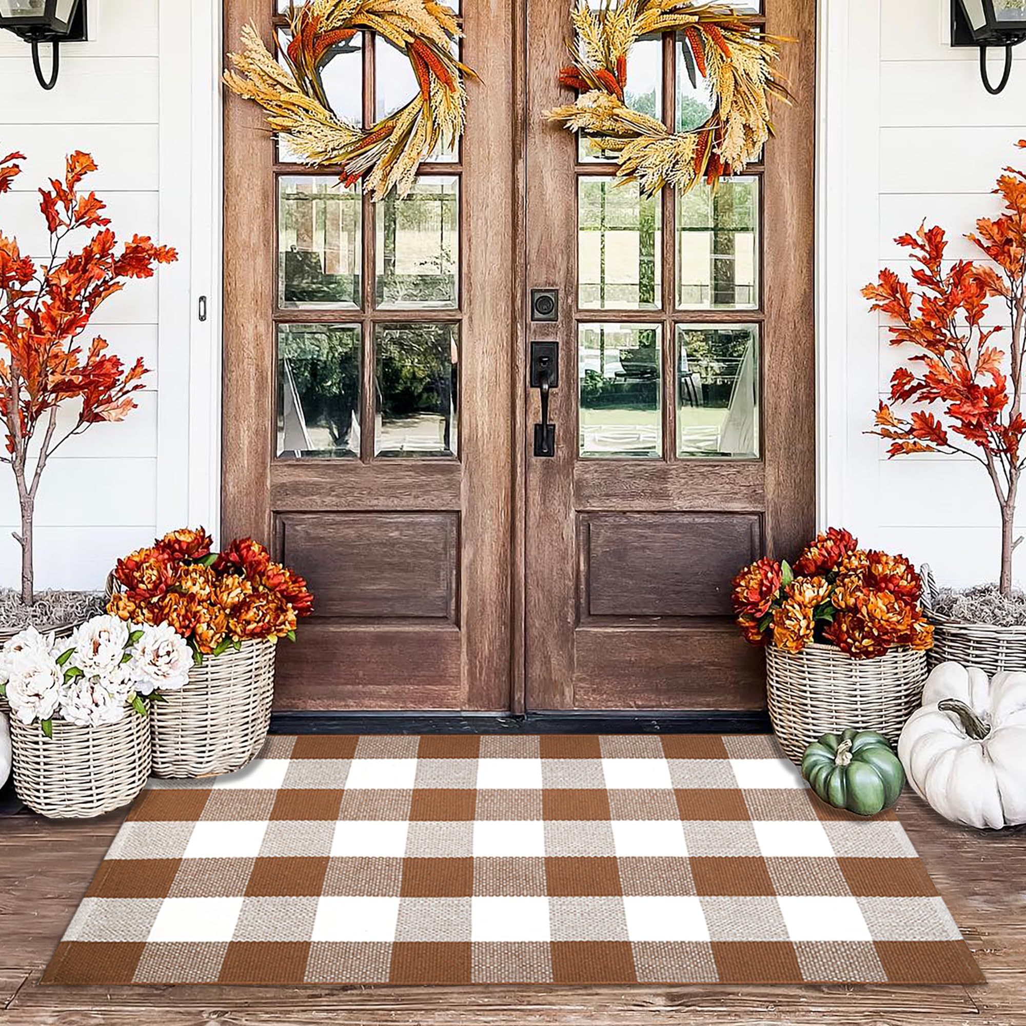 Orange and Black Plaid Rug, 28'' x 43'' Fall Outdoor Front Door Decor Mat, Cotton Washable Hand-Woven Rug for Layered Doormat, Autumn Halloween Thanksgiving Carpet for Porch, Entryway