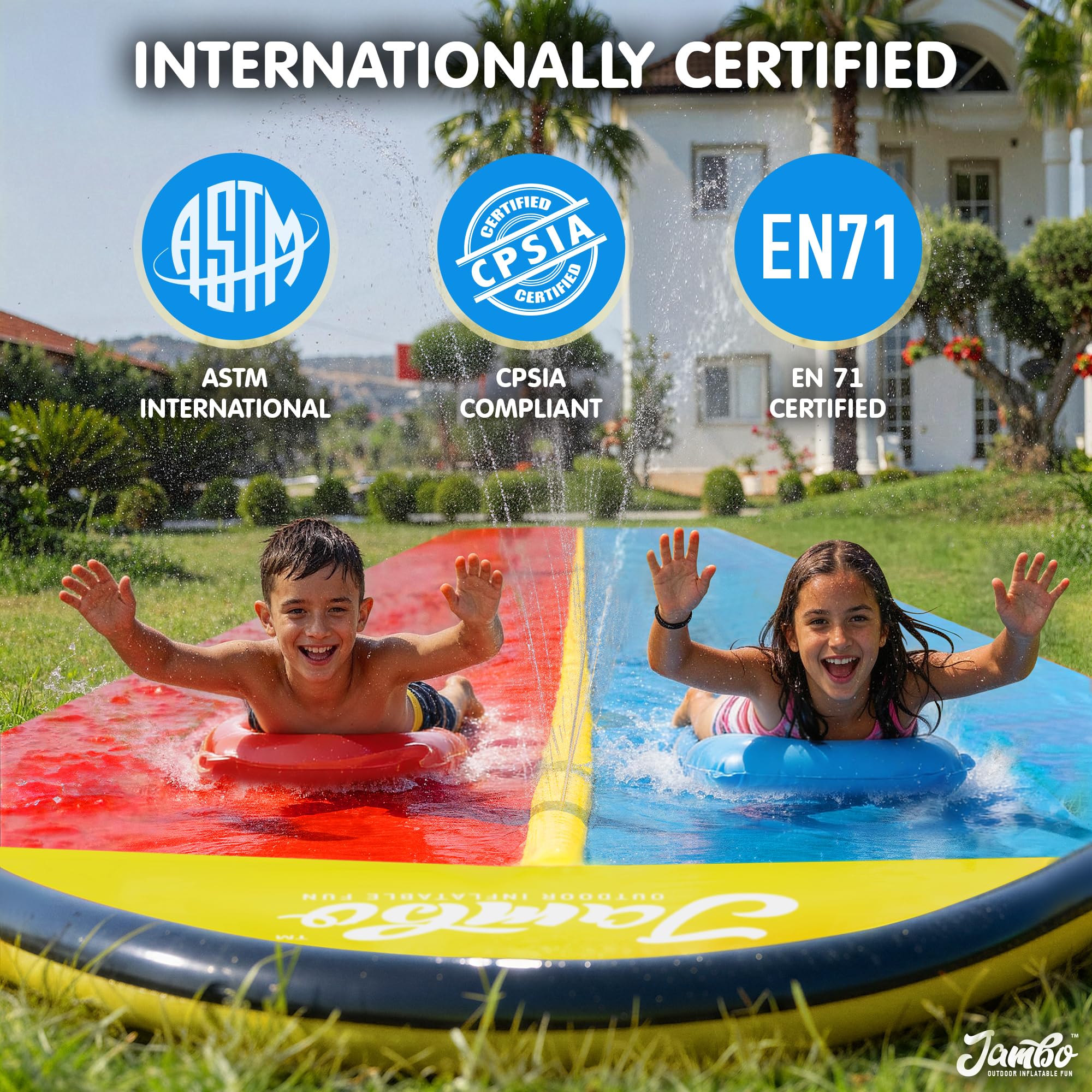 JAMBO Premium Triple Water Slide with 3 Bodyboards, 20Ft Heavy Duty Slip Splash and Slides-Advanced 3-Way Sprinkler System, Splash Pad Mat Backyard Summer Outdoor Water Toys n Long Slides for Kids