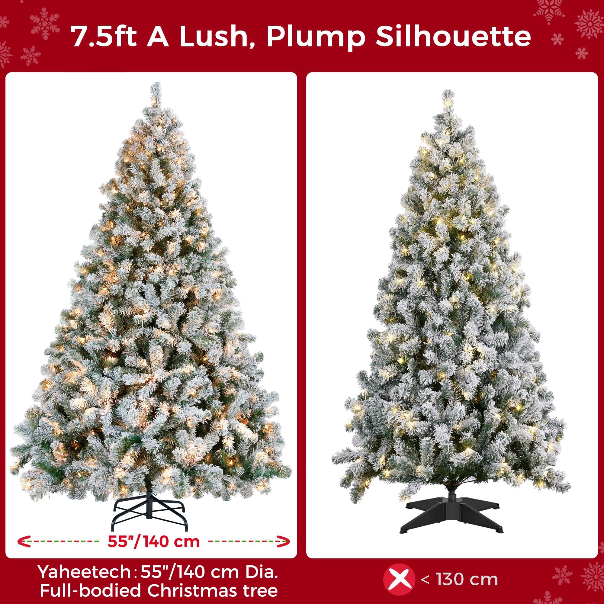 Yaheetech 6ft Snow Flocked Pre-lit Christmas Tree with 250 Warm White Lights, 820 Lush Branch Tips & Quick-Assembly Hinged Design, Full Artificial Xmas Tree for Winter Holiday Décor, Green & White