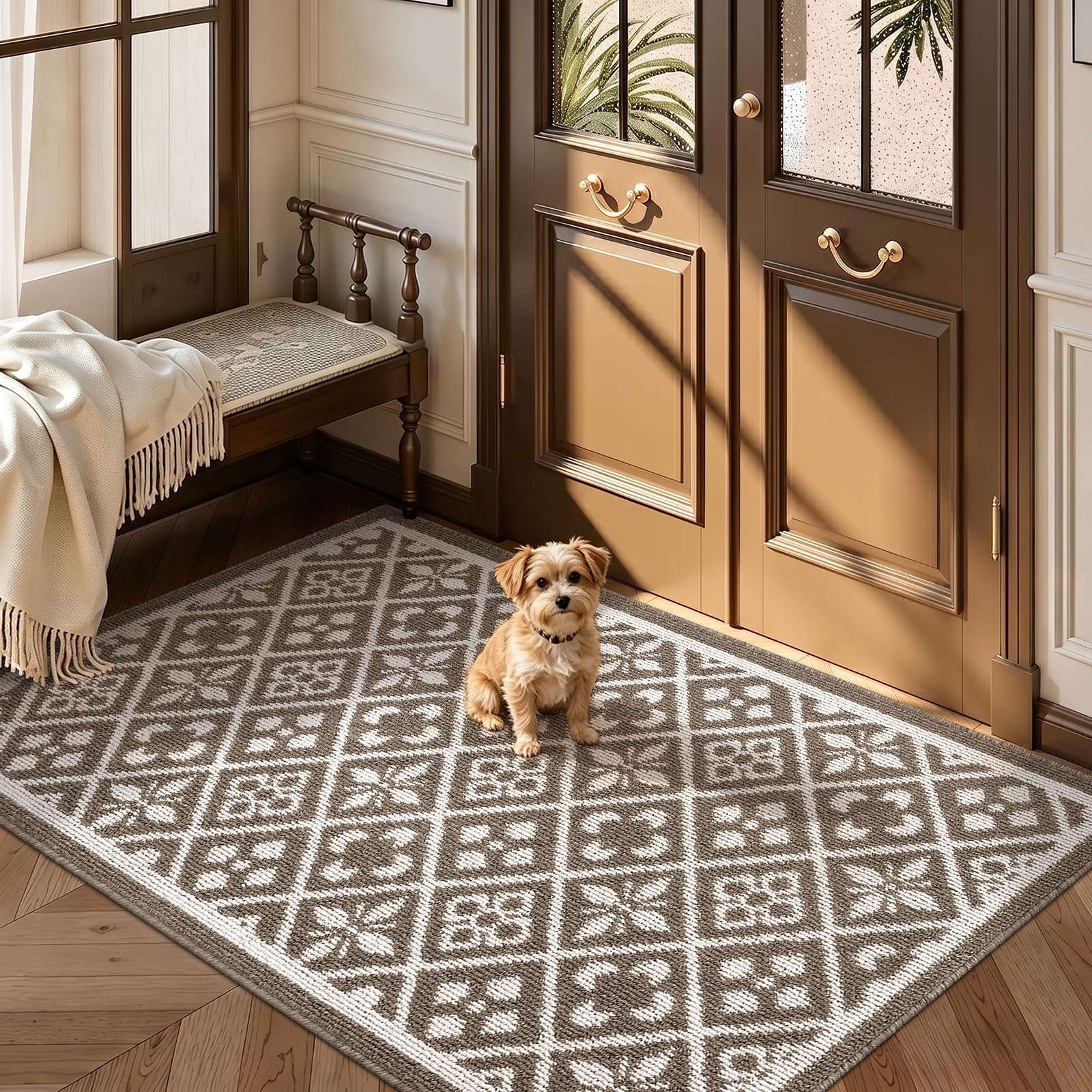 Ileading Christmas Entrance Door Mat, Absorbent Dog Mats for Muddy Paws, Low-Profile Small Red Xmas Decor Kitchen Runner Rug with Non-Slip Backing, Machine Washable Entryway Welcome Mat(Red 24"X36")