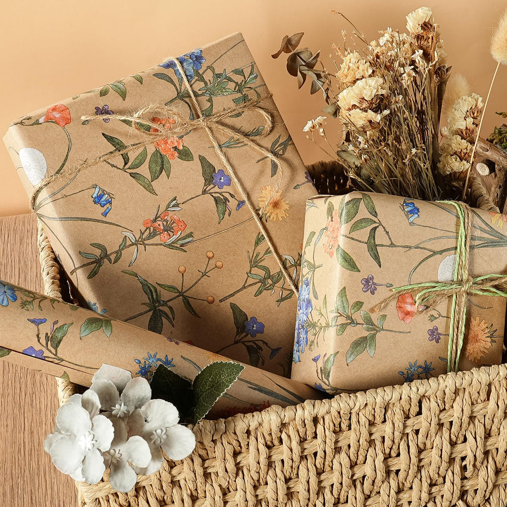 WRAPAHOLIC Kraft Floral Wrapping Paper Roll - Mini Roll - 17 Inch x 9.8 Feet - Spring Summer Garden Flower Design Perfect for Wedding, Bridal Shower, Birthday