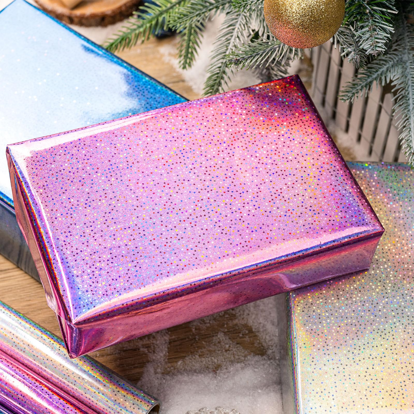 Burymento Black Wrapping Paper Roll, Metallic Holographic Stripe Gift Wrap for Birthday, Valentines, Mothers day, Graduation, Wedding, Fathers day, Baby Shower, Christmas (17 IN x 32.8 FT)