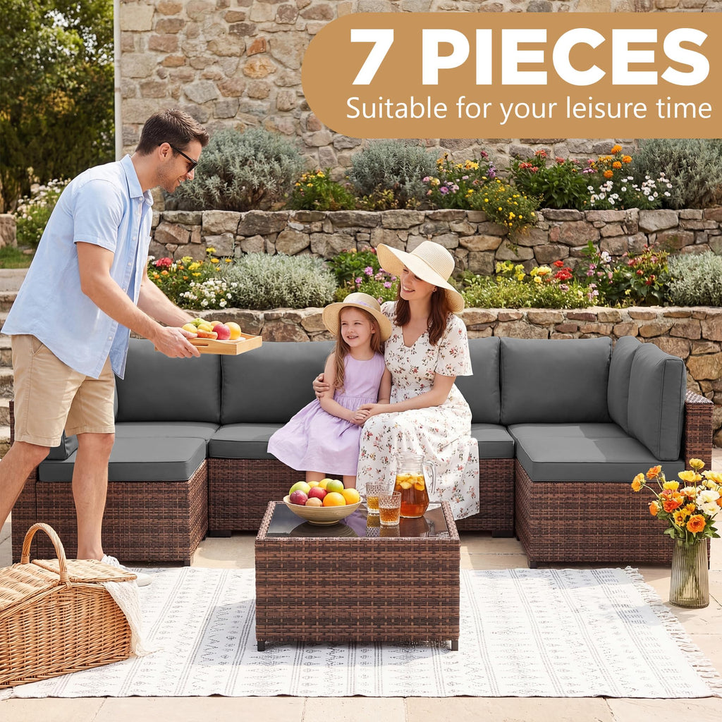 LHBcraft 7 Piece Patio Outdoor Furniture Set, Outdoor Sectional, All-Weather Manual Weaving PE Rattan Wicker Patio Sectional Sofa, Rattan Outside Furniture with Black Cushion and Glass Coffee Table