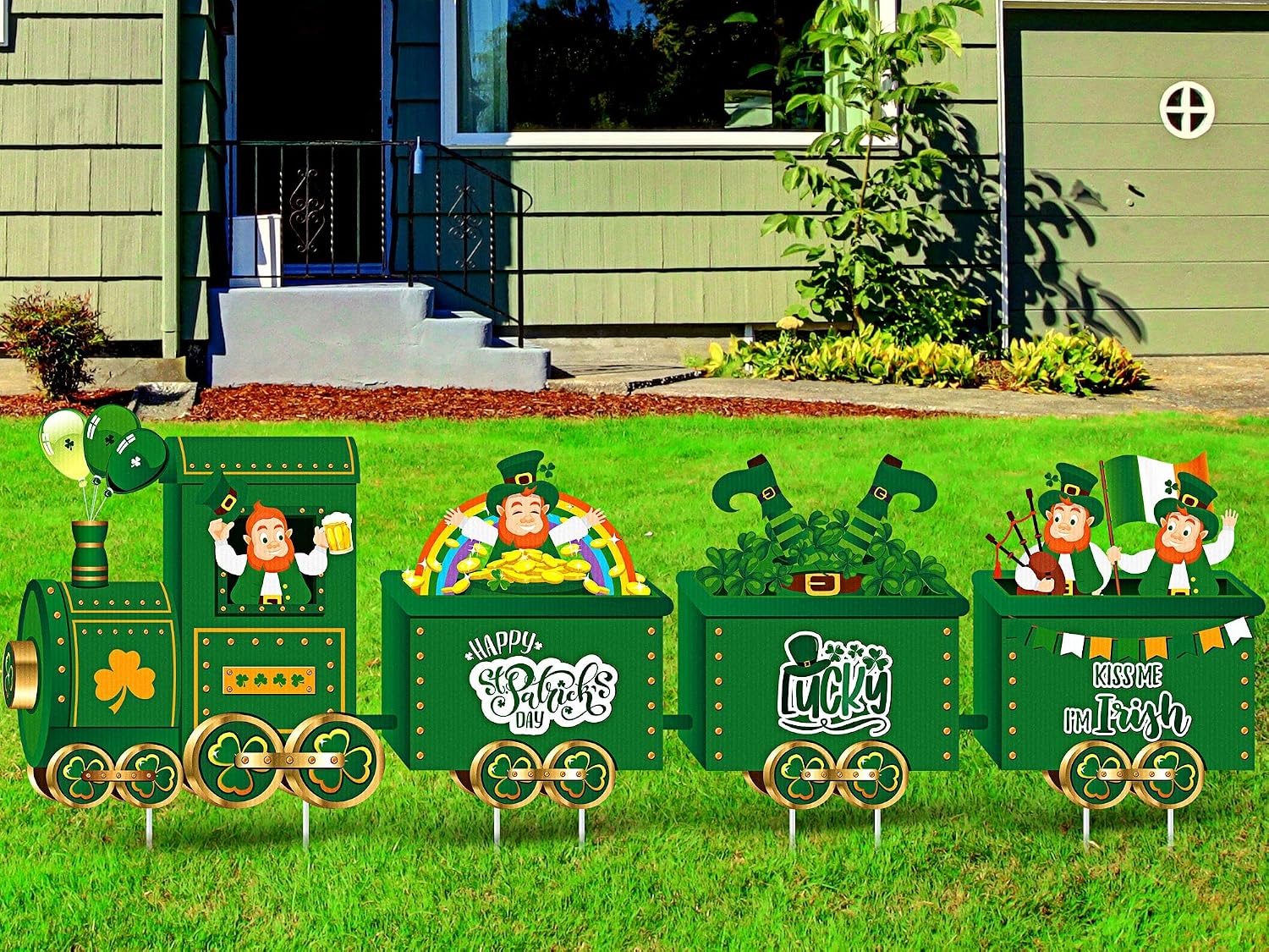 4 Pcs St. Patrick's Day Yard Sign Decorations Train Lawn Outdoor Decor with Stakes Leprechaun Shamrock Balloon Hat Rainbow Sign Irish St Patrick's Day Yard Decor Saint Patty's Day Outdoor Decorations
