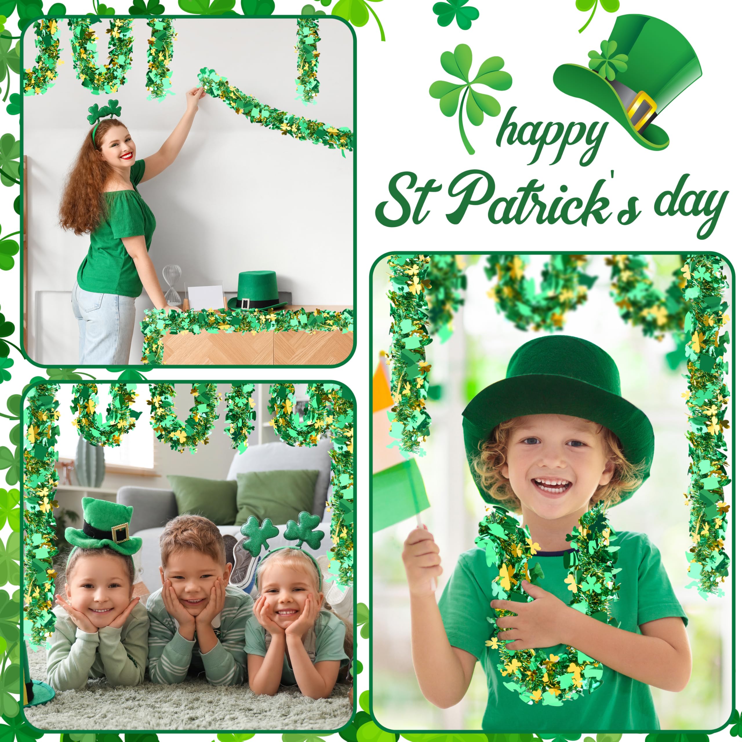 50FT St. Patrick's Day Tinsel Garland Shamrock Hat Green Gold Metallic Tinsel Twist Garland for Irish Saint Patricks Day Party Home Decor Indoor Outdoor Decoration
