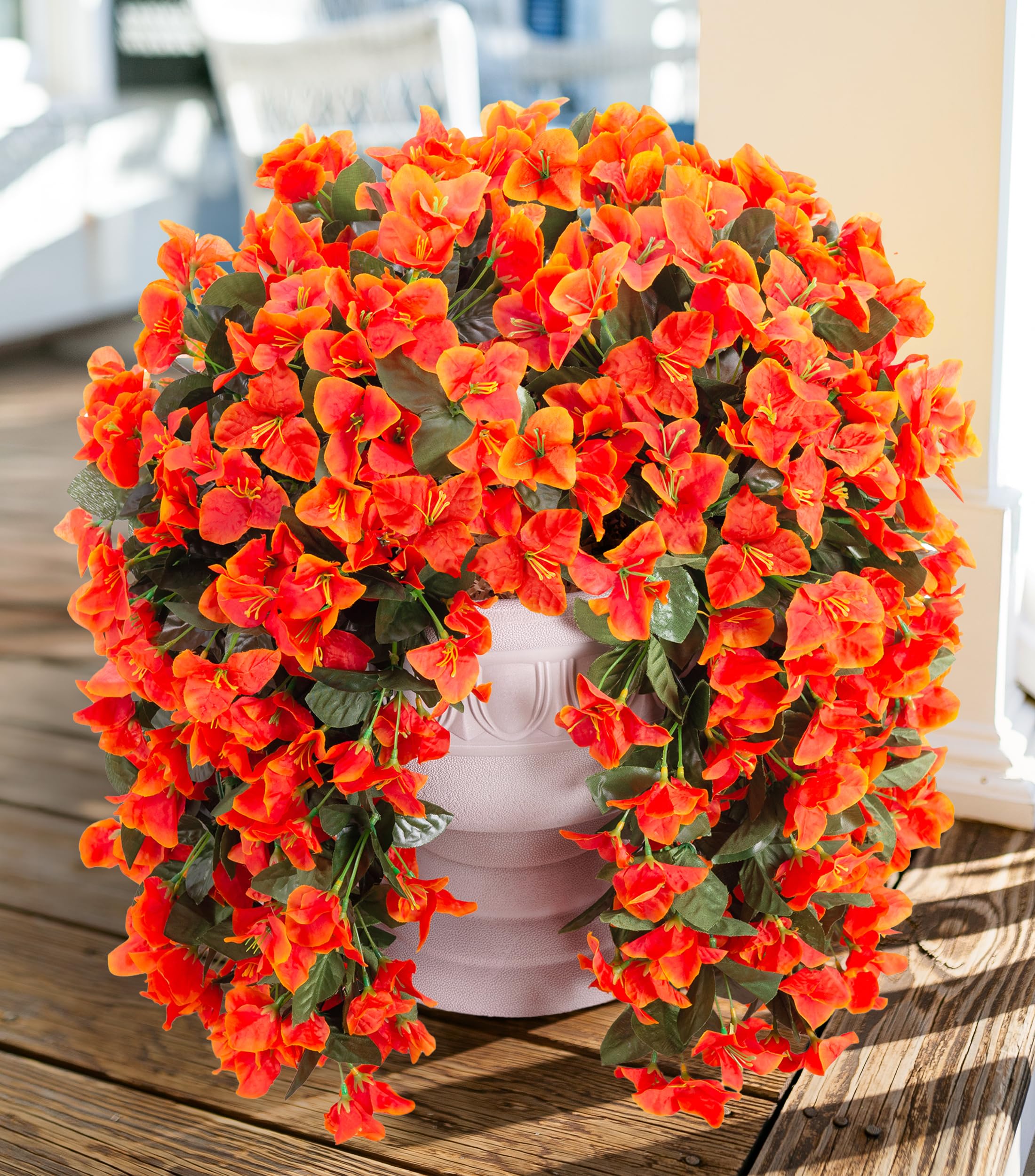Artificial Bougainvillea Faux Flowers Plants for Outdoors Outside Fall Autumn Decor, 2 PCS Silk Trailing Vines UV Resistant Realistic Orange Fake Flowers for Planter Front Door Porch Patio Balcony