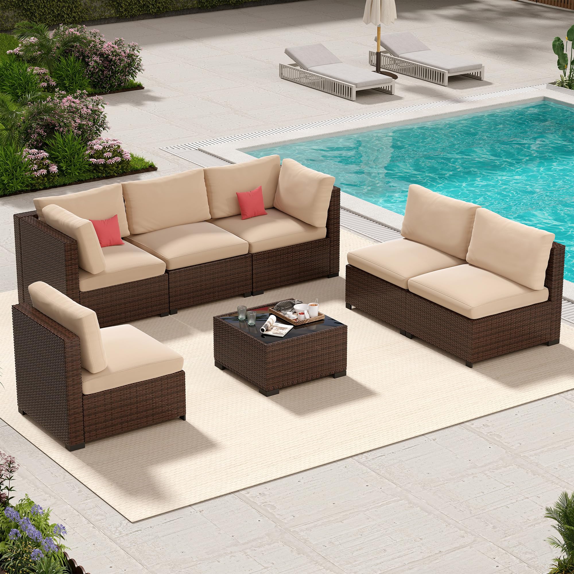 LHBcraft 7 Piece Patio Outdoor Furniture Set, Outdoor Sectional, All-Weather Manual Weaving PE Rattan Wicker Patio Sectional Sofa, Rattan Outside Furniture with Black Cushion and Glass Coffee Table