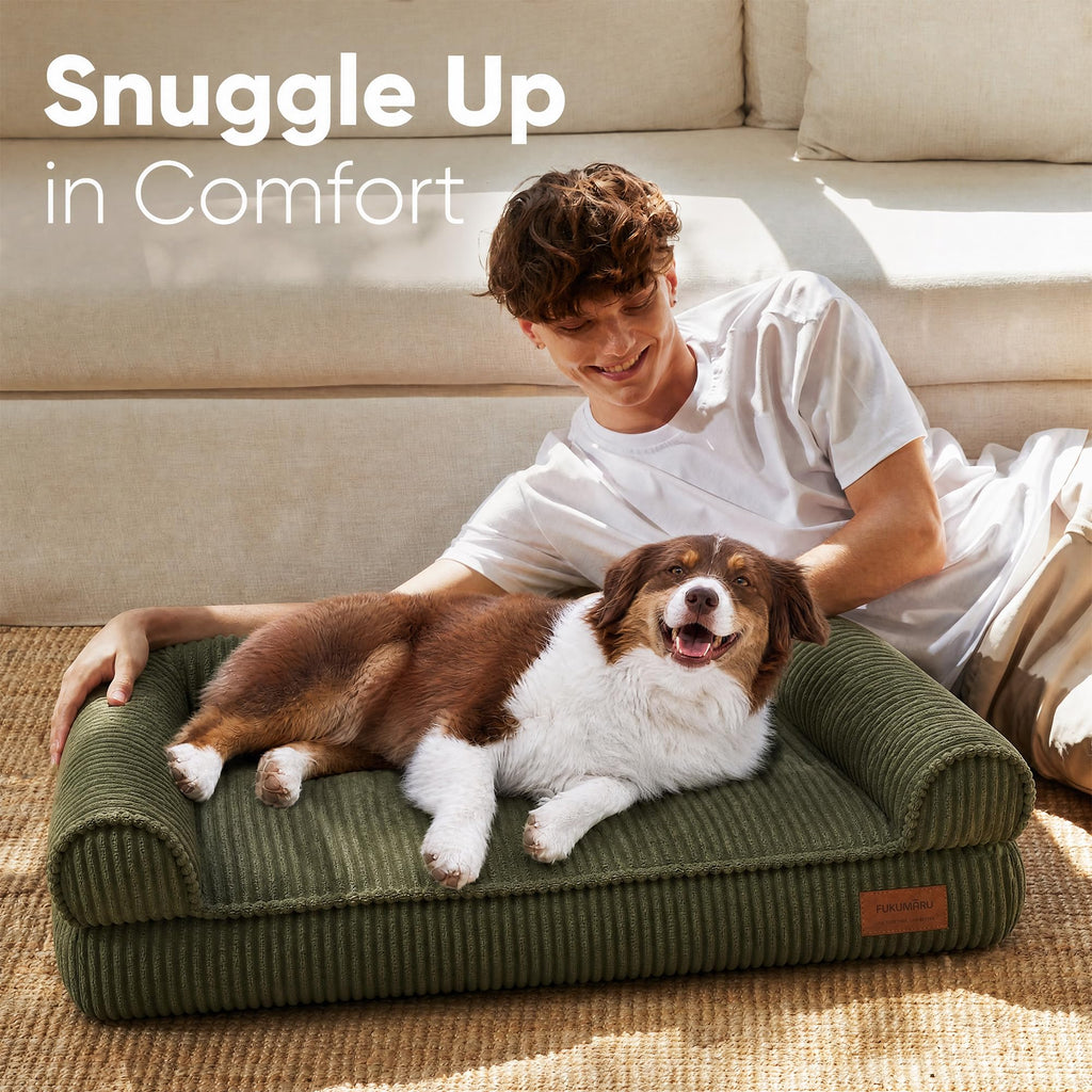 FUKUMARU Dog Couch Bed, Corduroy Cozy Cat Bed for Indoor Cats with Washable Cover, 28in Waterproof Orthopedic Dog Beds Sofa for Small Dogs and Large Cats, Cute Warm Cotton Pet Sofa, Green