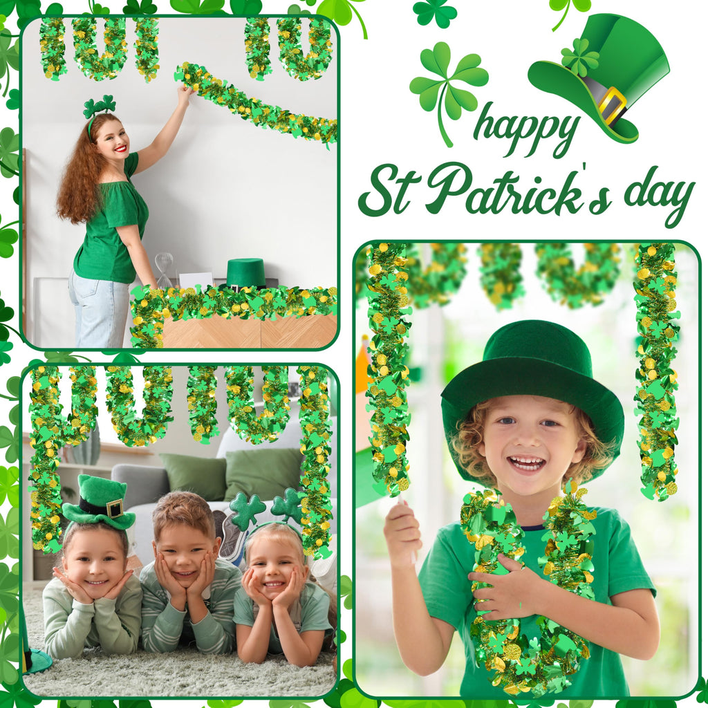50FT St. Patrick's Day Tinsel Garland Shamrock Hat Green Gold Metallic Tinsel Twist Garland for Irish Saint Patricks Day Party Home Decor Indoor Outdoor Decoration