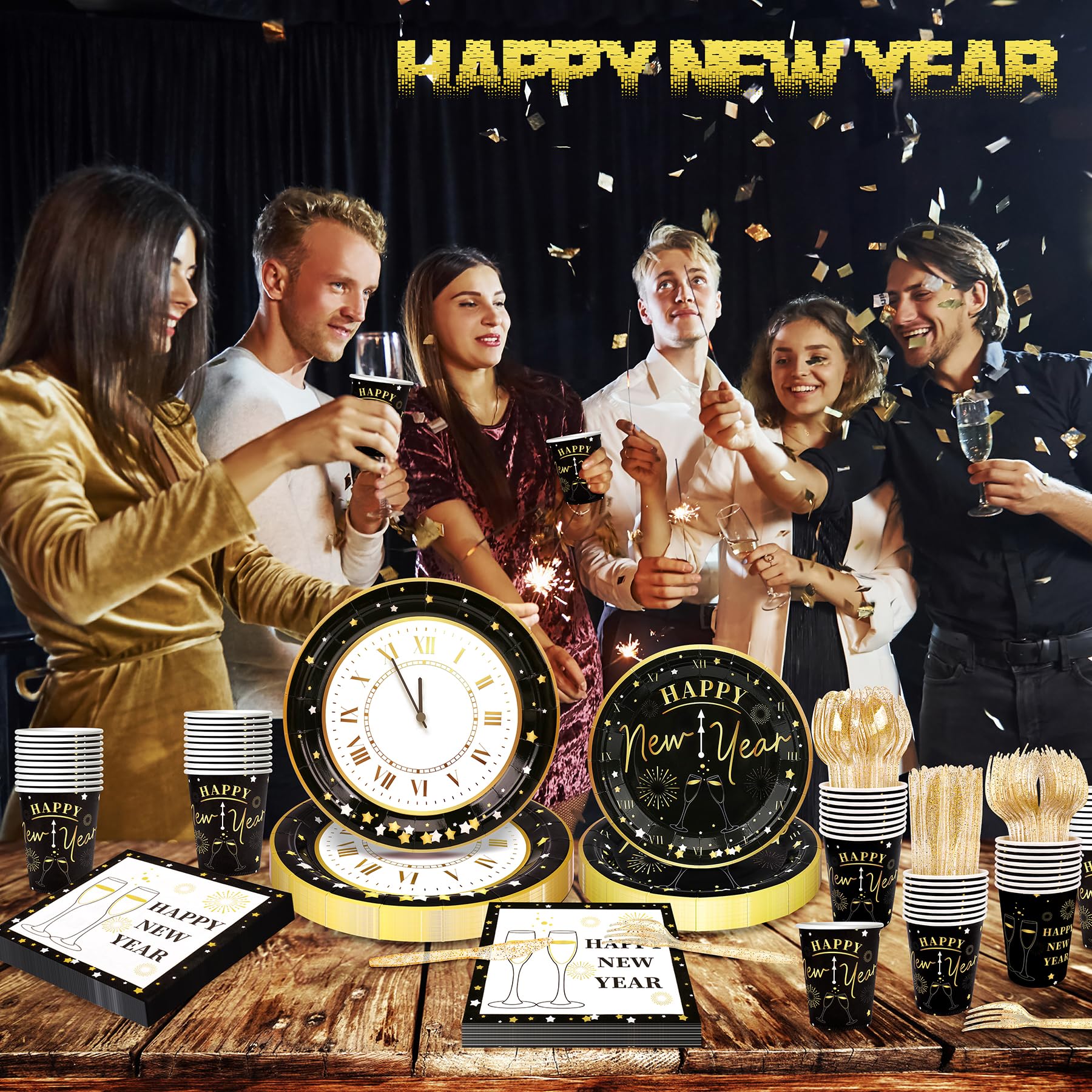 168pcs Happy New Year Party Supplies, Black and White Paper Plates Napkins Cups and Transparent Gold Cutlery for 24 Guests, 2026 New Year Disposable Tableware Supplies for Party Decorations