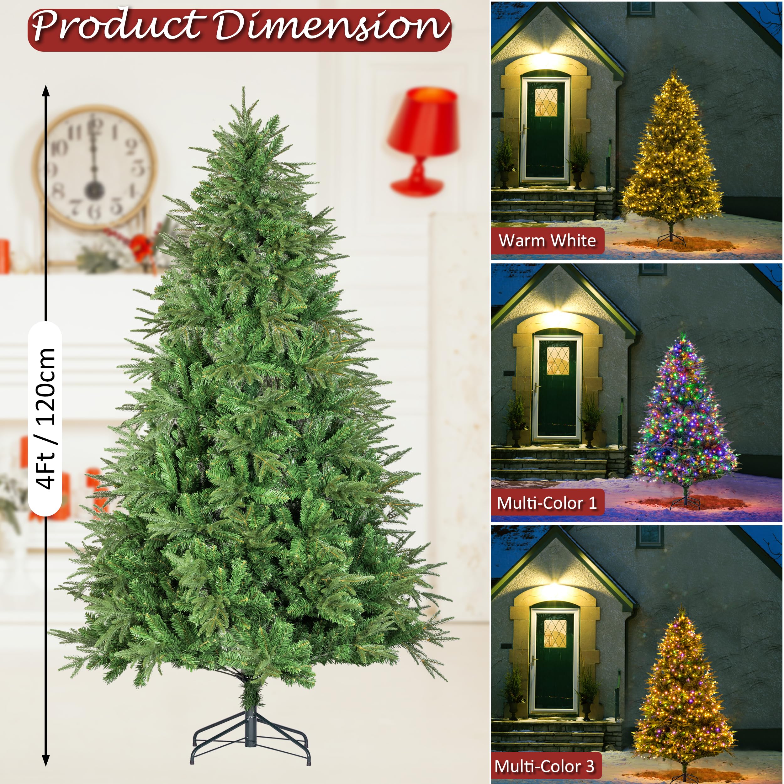 Sunnyglade 4ft Artificial Christmas Tree with 240 LED Lights (Not pre-lit), Xmas Tree Full Tree with 300 Branch Tips & 11 Modes Light, RGB & Warm White Light, Foldable Stand for Home, Party Decor